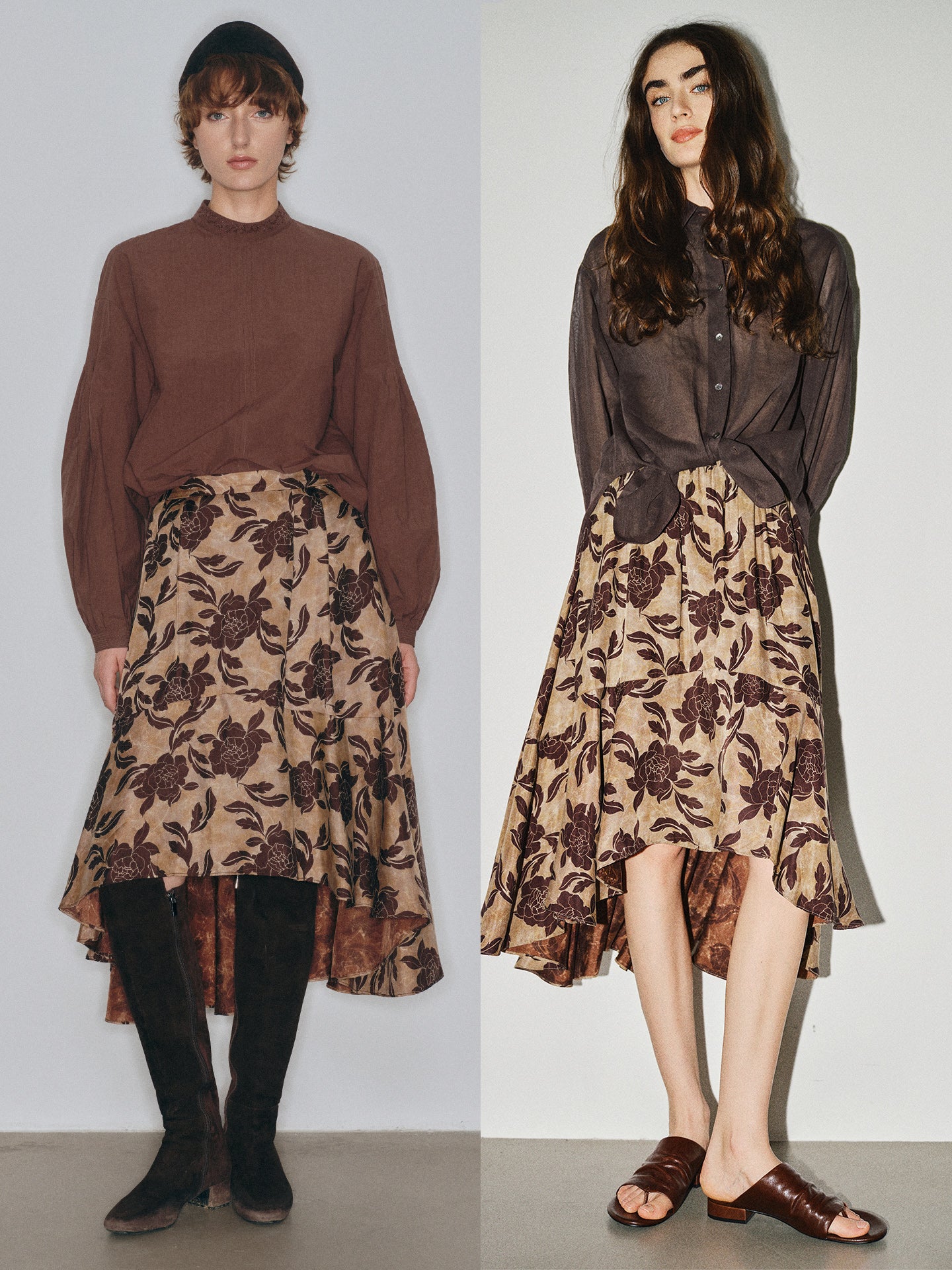 Vintage Film-Inspired 'Coffee Blossom' Cupro & Rayon Blend Matte Finish Asymmetrical Hem Midi Skirt