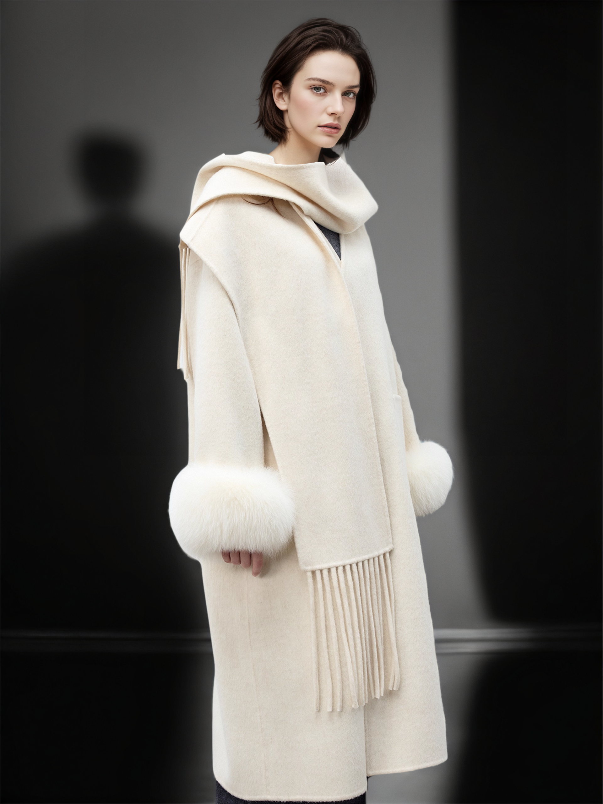 Women’s Long Double-Faced Wool Coat with Fox Fur Cuffs and Fringe Scarf | Fall Winter Overcoat
