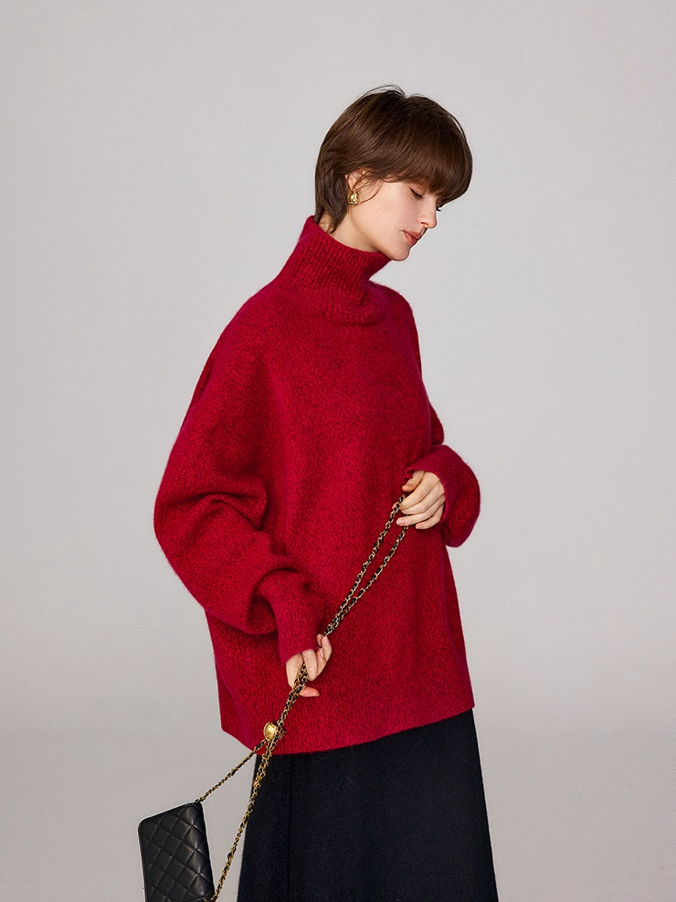 Soft New Year Red 100% Cashmere Sweater for Women – A-Grade Dyed Mélange Yarn, Thickened Turtleneck, Cozy Oversized Knit