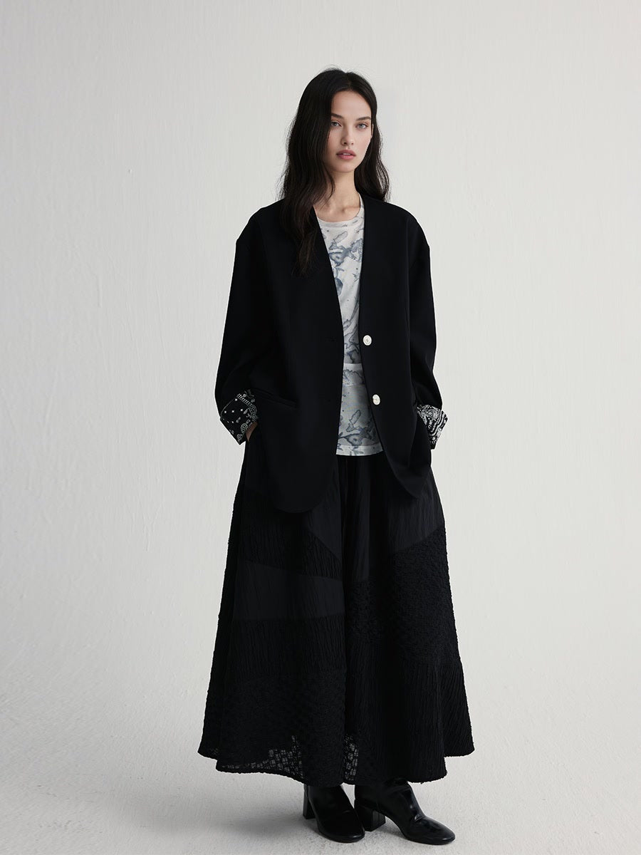 Textured Fabric Black Panel A-Line Skirt | Autumn A-Line Midi Skirt for Women