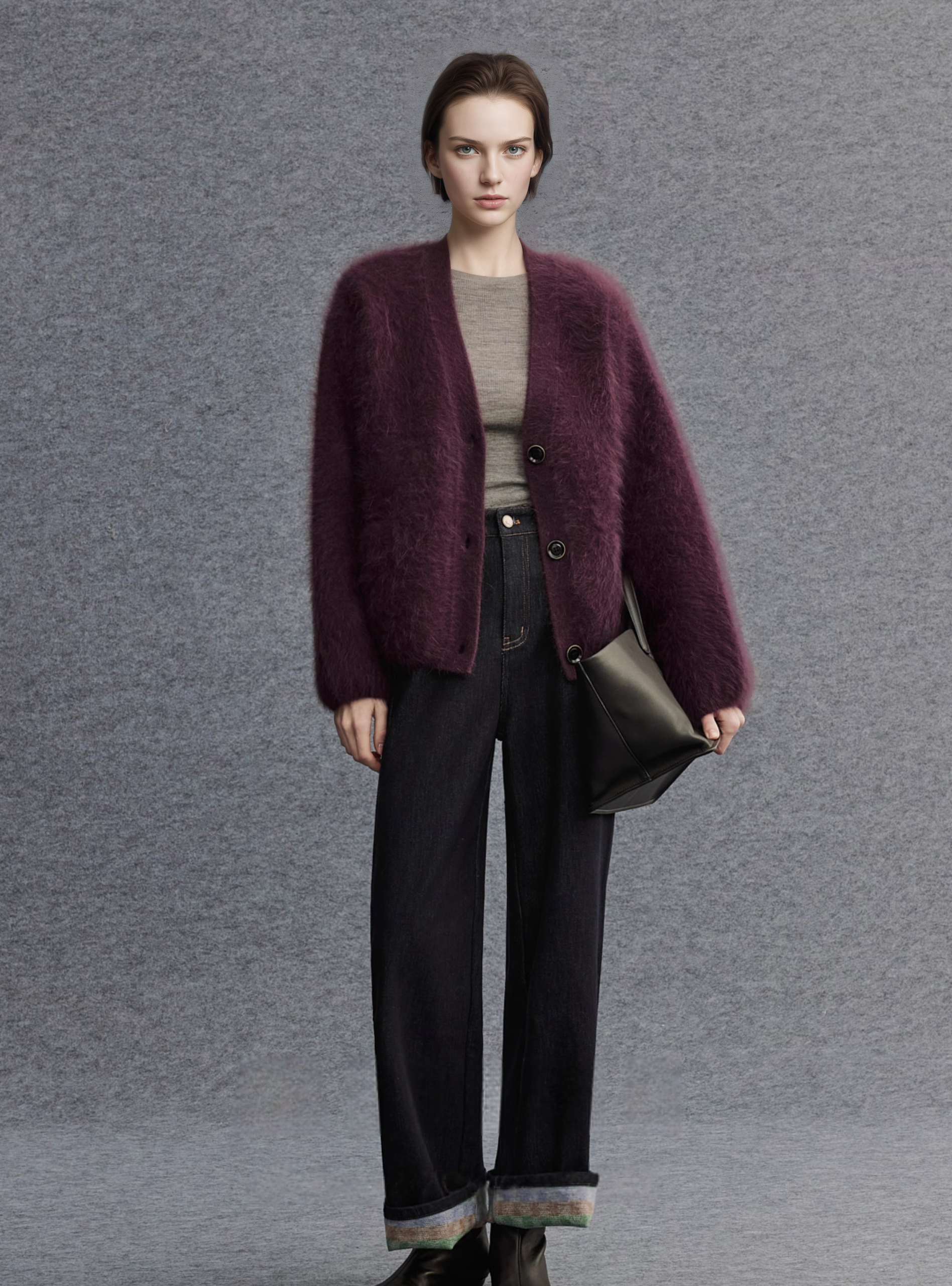 Brushed Merino Wool Knit Sweater | Minimalist Relaxed-Fit Brushed Short Jacket for Women