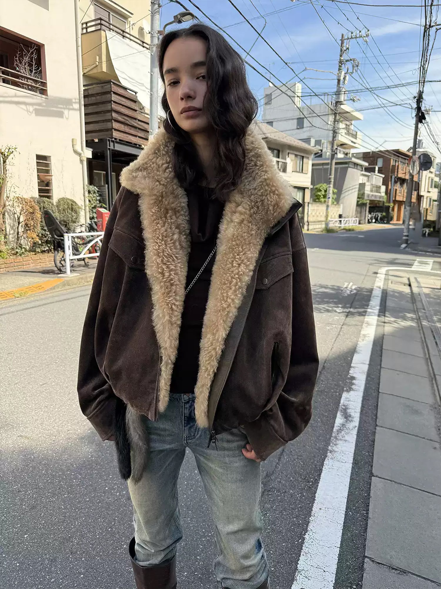 Detachable Wool-Collar Herringbone Sheepskin Parka – Camel-Wool Filled Winter Coat for Women