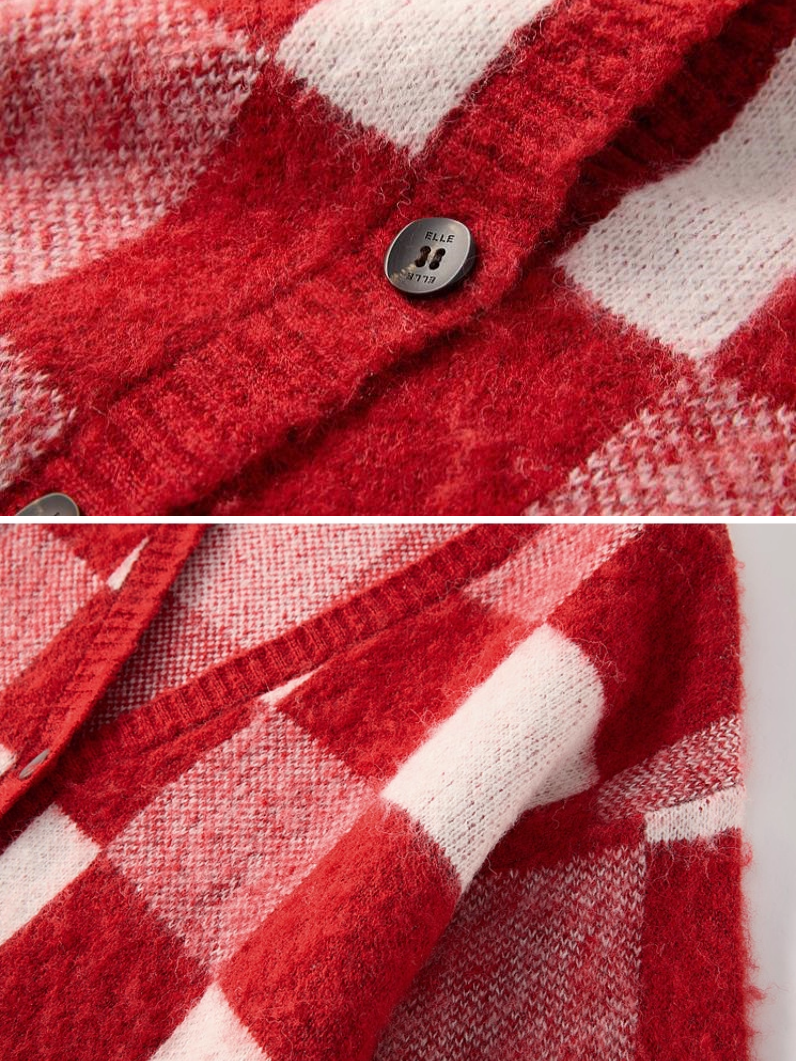 French-Style Wool Checkered Christmas Cardigan – New Cozy Loose-Fit Knit Sweater for Women
