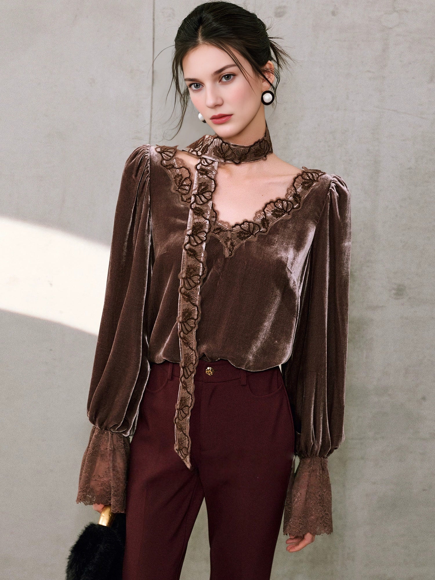 Soft Glow Silk Velvet Top – Eyelash Lace Trim, Tie-Neck Detail, Loose Fit Bell Sleeves
