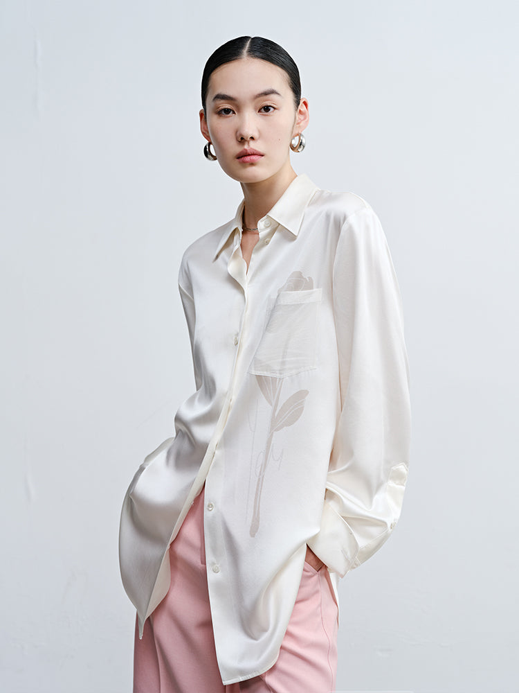 Original Rose Print Blouse | Elegant Loose-Fit Commuter Shirt in Fluid Acetate Fabric