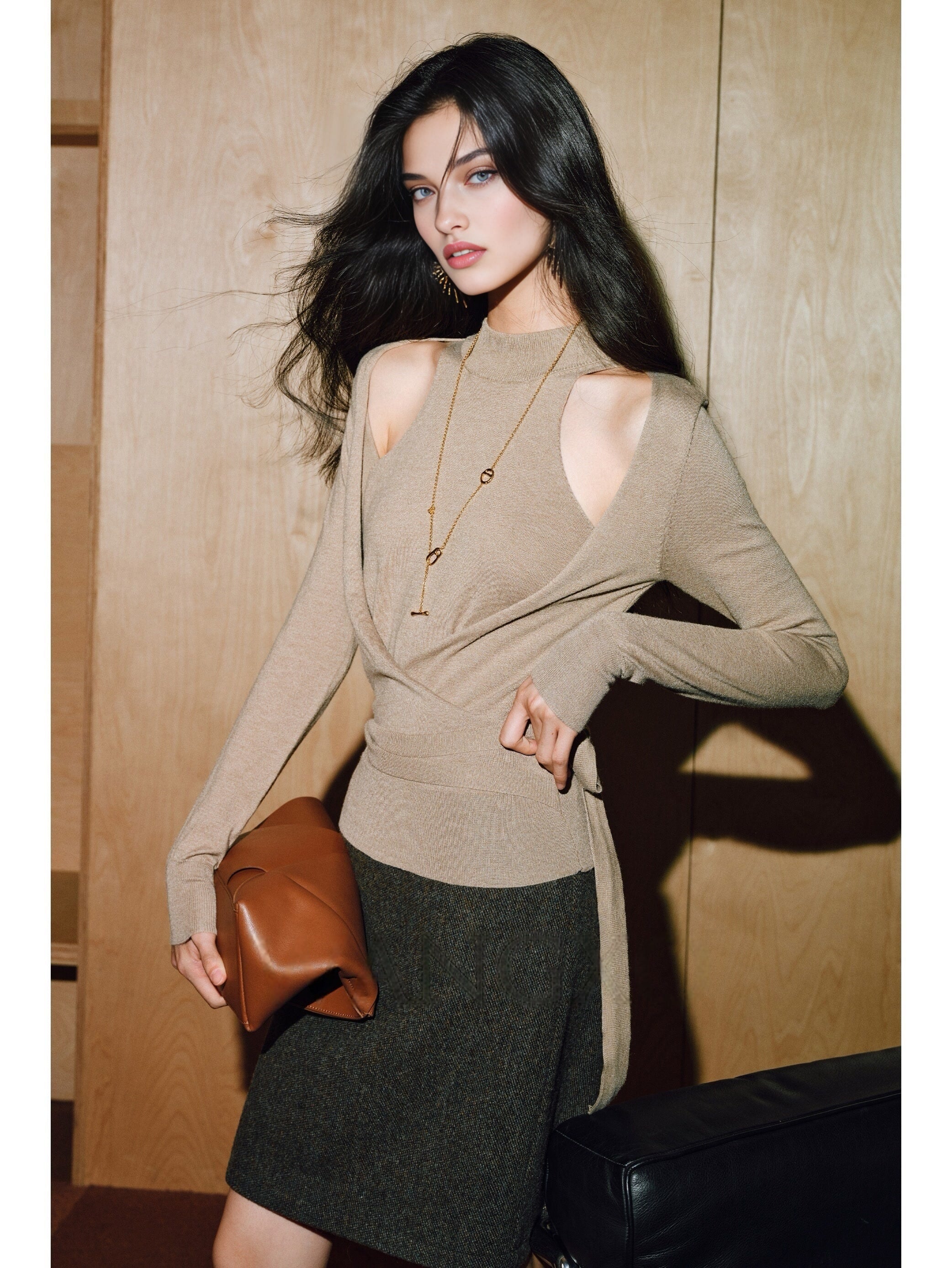 Ultra-Fine Australian Wool & High-Density Tencel Cross Tie Lazy Knit Sweater – Faux Two-Piece Design