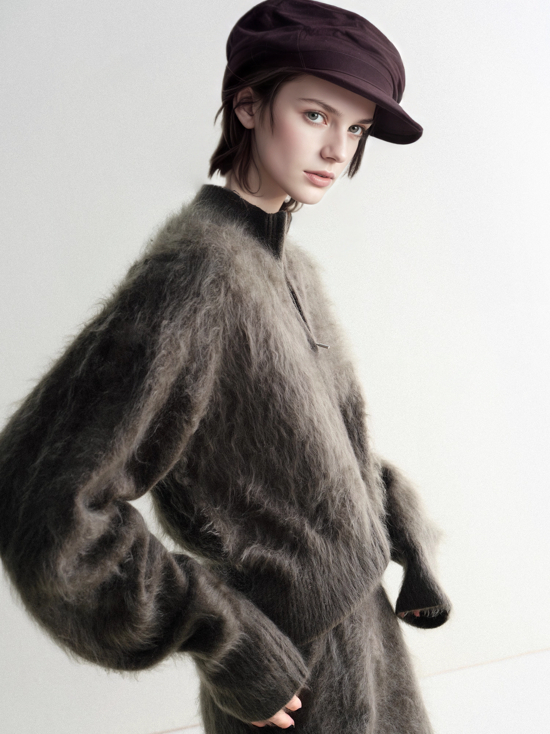 Luxury Brushed 100% Cashmere Stand-Collar Zip-Up Cardigan | Soft Fleece-Like Knit Sweater for Women