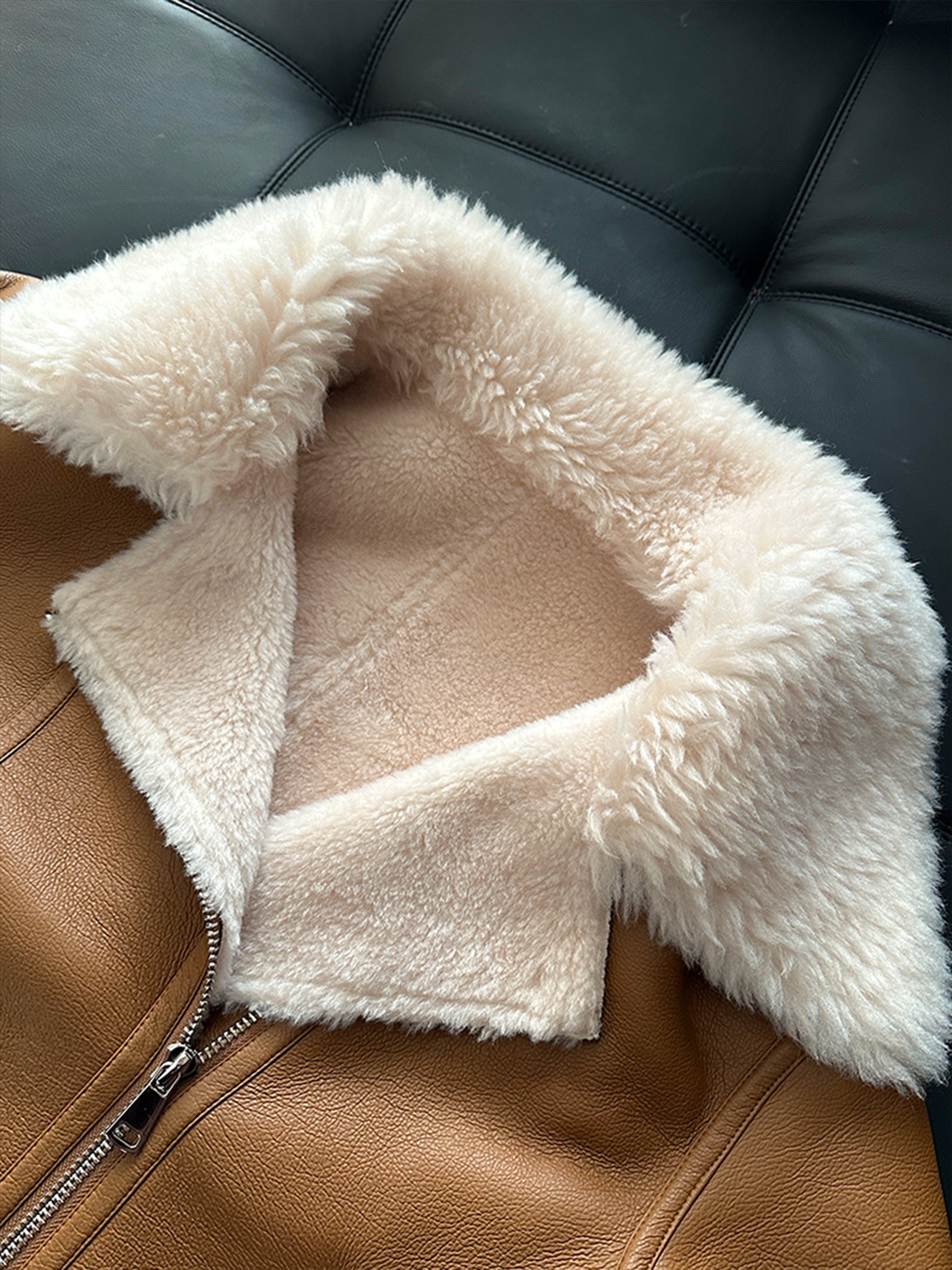 Eco-Friendly Faux Leather & Genuine Wool Shearling Jacket – Plush Flocked Lamb Fur Short Coat for Women