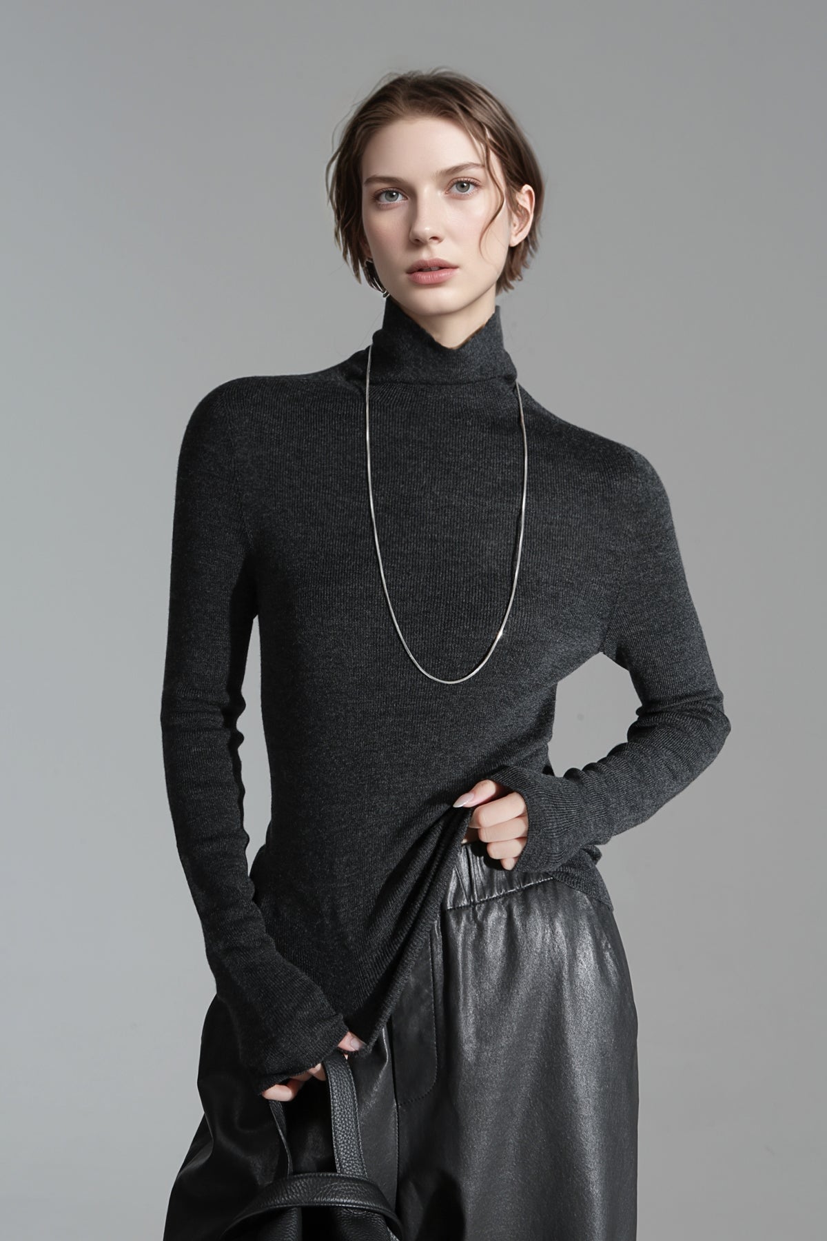 Merino Wool Minimalist Mock Neck Ribbed Knit Top – Cross-Strap Seamless Solid Color Sweater