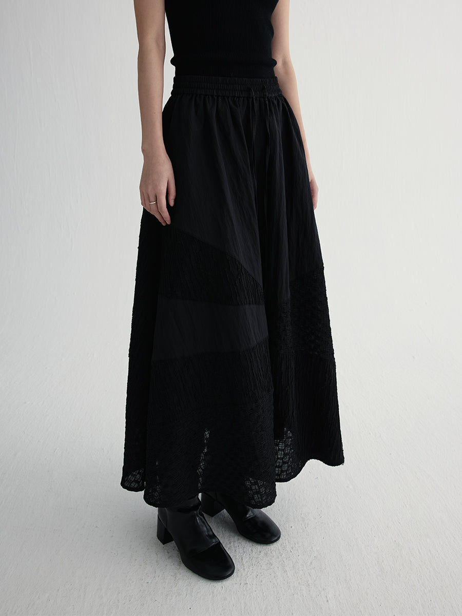 Textured Fabric Black Panel A-Line Skirt | Autumn A-Line Midi Skirt for Women