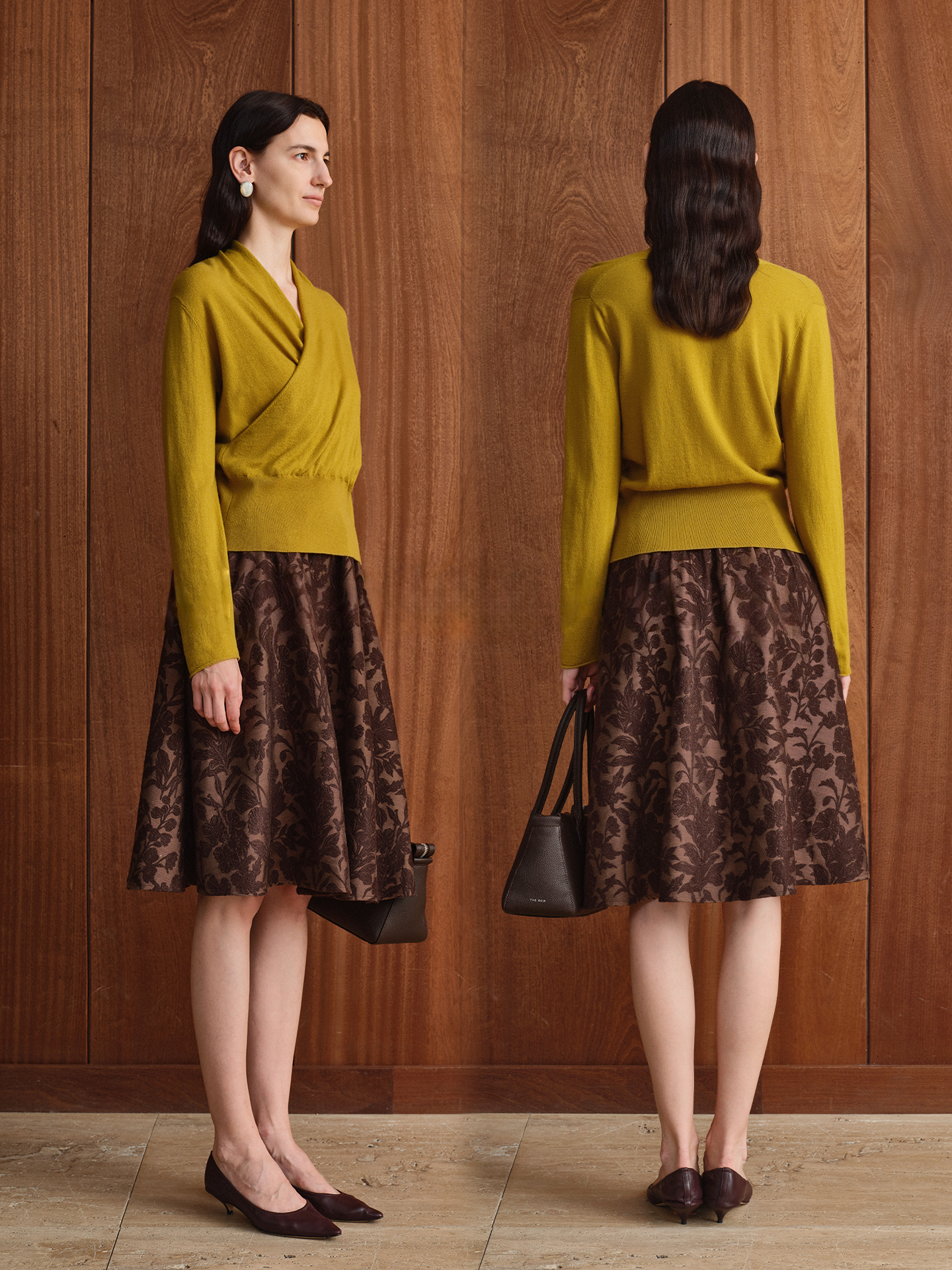 Elegant Wool Jacquard A-Line Midi Skirt – Flowy Silhouette with Elastic Waist