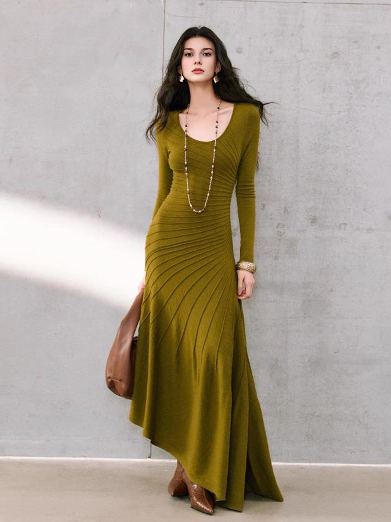 Soft Wool Textured Asymmetric Dress – Skin-Friendly Wool, Radiating Weave, Slim One-Shoulder Fit & Flared Mermaid Hem