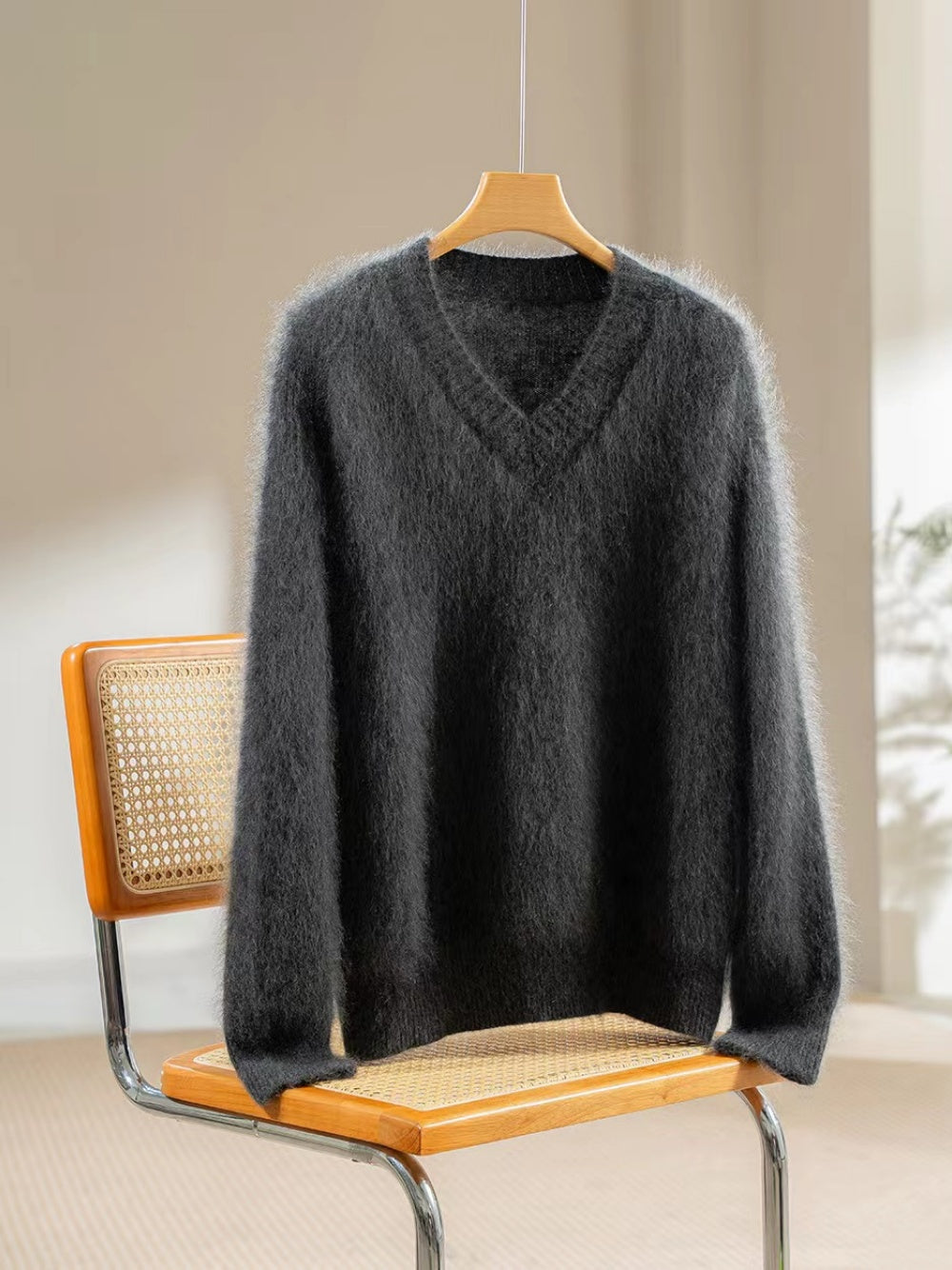 100% Rare Haan Mountain Cashmere Brushed Knit | Cloud-Soft Oversized V-Neck Sweater for Women