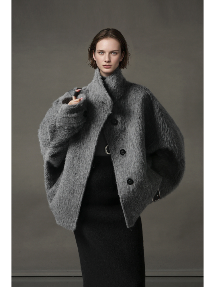 Alpaca Wool Biker Jacket for Women – Stand Collar Suoli Alpaca Coat with Luxe Textured Finish, Winter Chic Outerwear