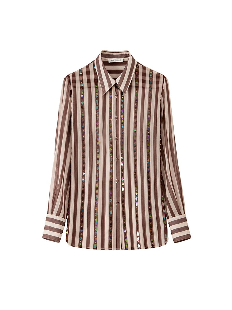 Ultra-Light 75D Chiffon Sequin-Striped Shirt & Skirt Set | Chic Work-to-Vacation Women's Outfit