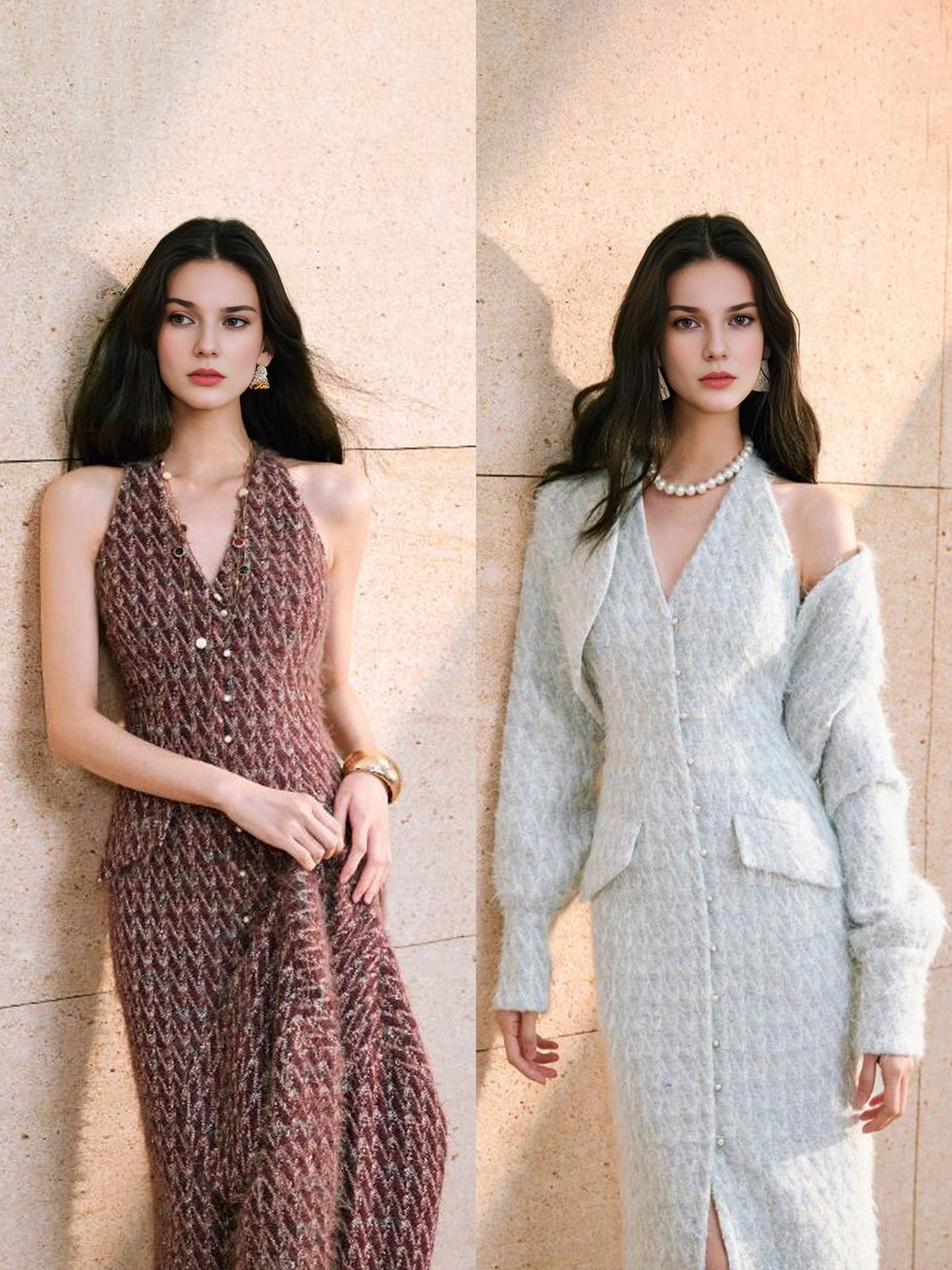 Luxury Wool Jacquard Tweed Set – Long-Hair Color-Yarn Bouclé Short Boxy Jacket & Halter Dress