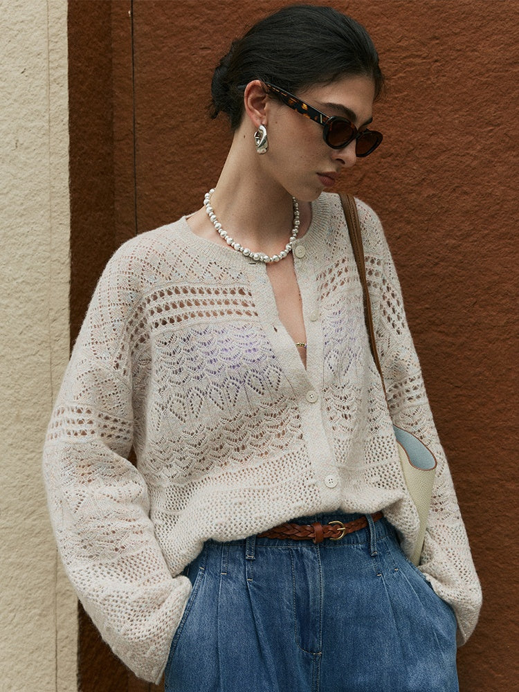 South of France Holiday Glitter Cardigan – Cashmere Blend Metallic Loose-Fit Knit