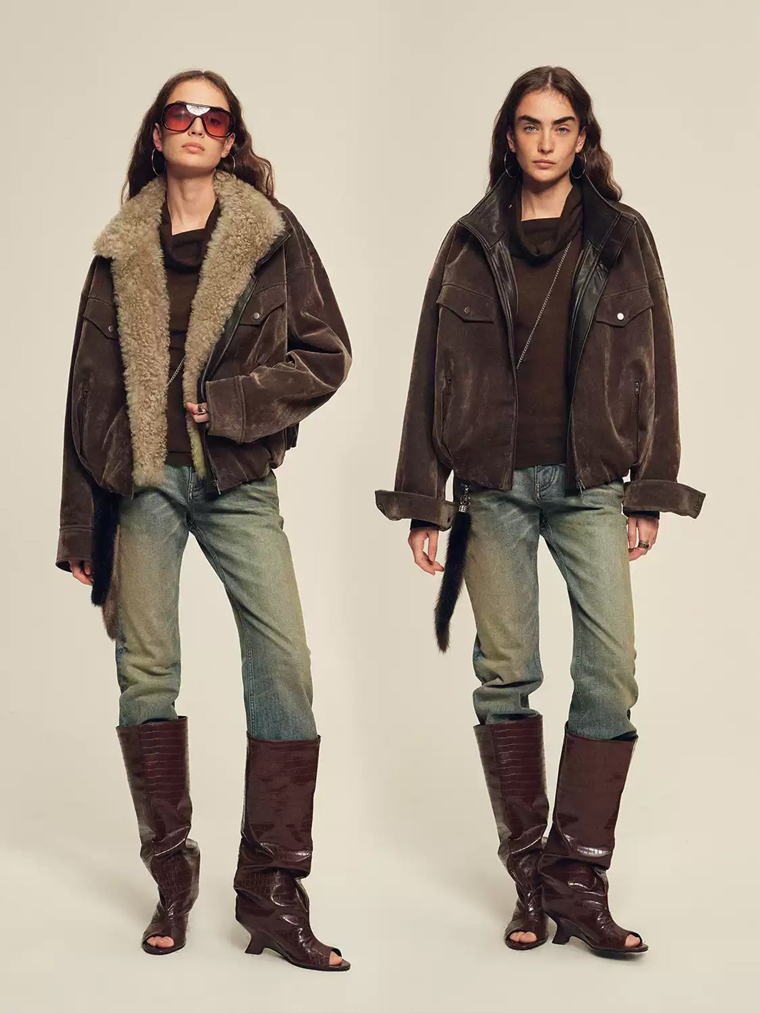 Detachable Wool-Collar Herringbone Sheepskin Parka – Camel-Wool Filled Winter Coat for Women