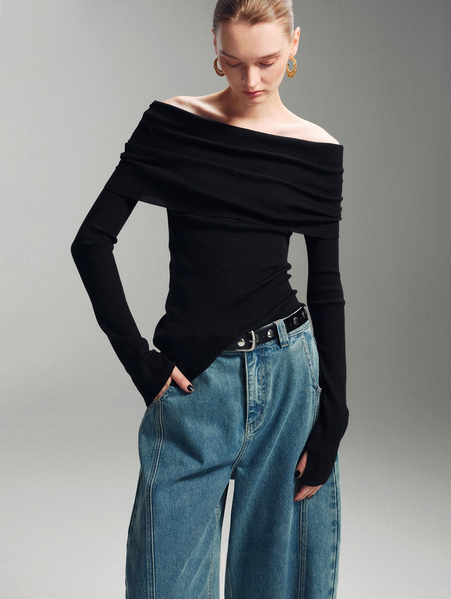 Pure Wool Fine-Rib Off-Shoulder Drape Neck Knit Top for Women – Elegant Spring/Fall Sweater