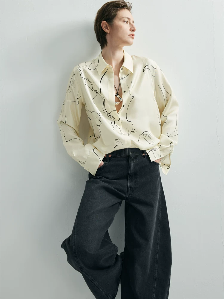 Women's Hand-Drawn Calla Lily Line Print Relaxed-Fit Silk Long-Sleeve Shirt – Mulberry Silk Office Blouse