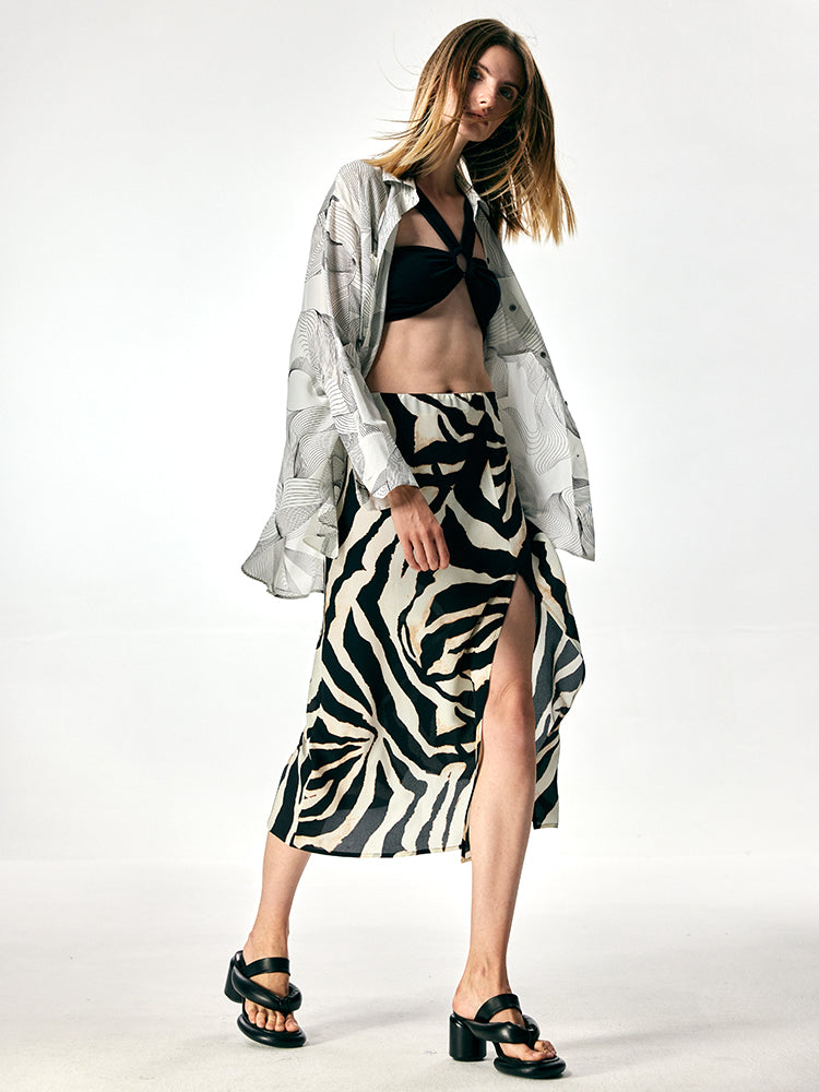 Mulberry Silk Zebra Print Midi Skirt – French Ombre High-Waisted Design with Slit