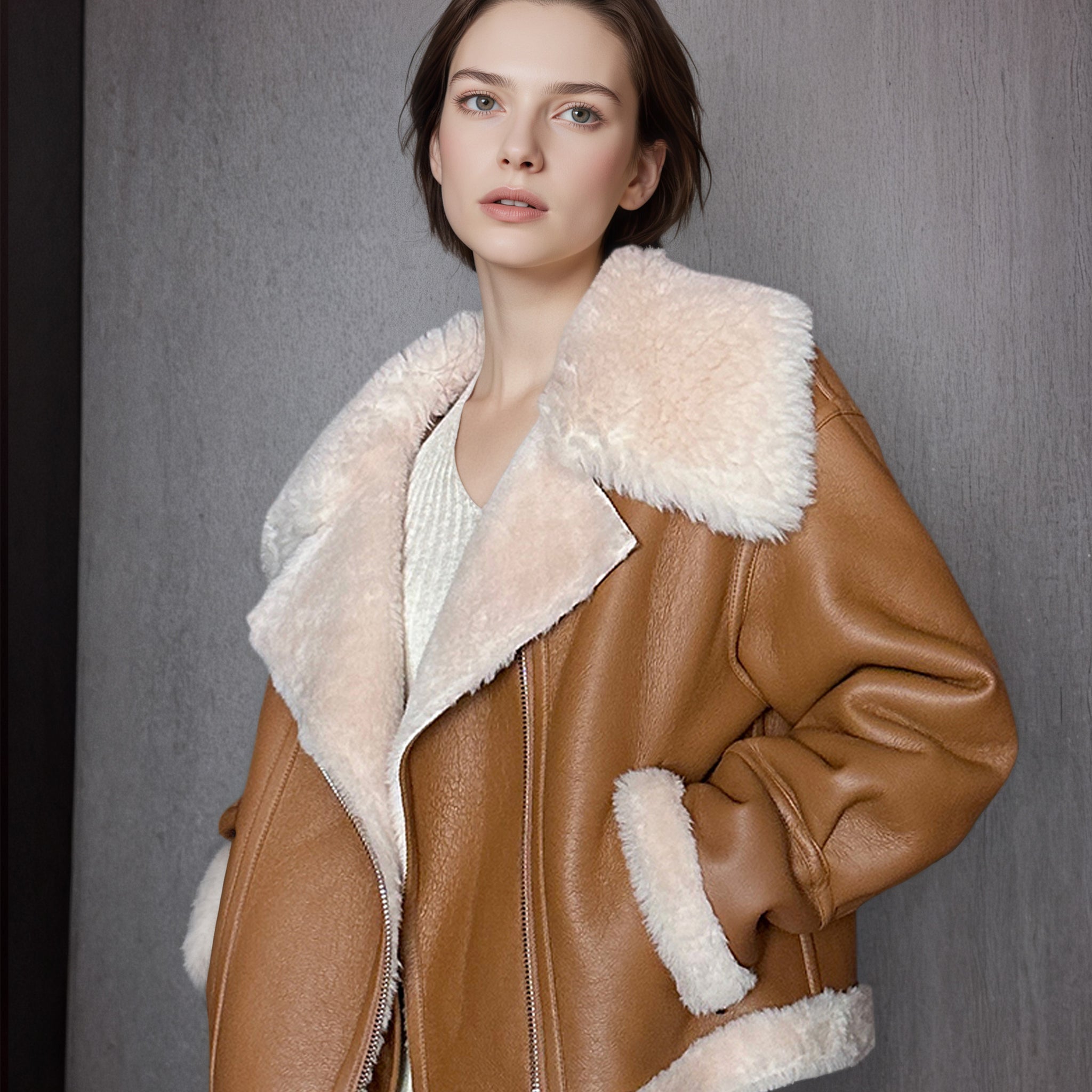 Eco-Friendly Faux Leather & Genuine Wool Shearling Jacket – Plush Flocked Lamb Fur Short Coat for Women