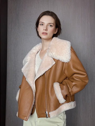 Eco-Friendly Faux Leather & Genuine Wool Shearling Jacket – Plush Flocked Lamb Fur Short Coat for Women