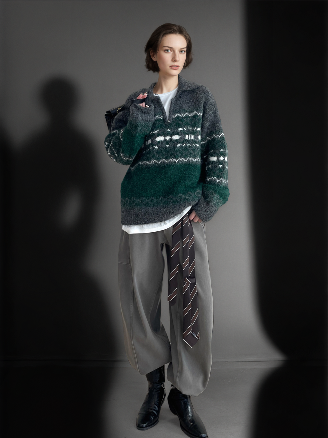 Women’s Gray-Green Fair Isle Wool Blend Sweater | Vintage Thick Knit Pullover for Fall