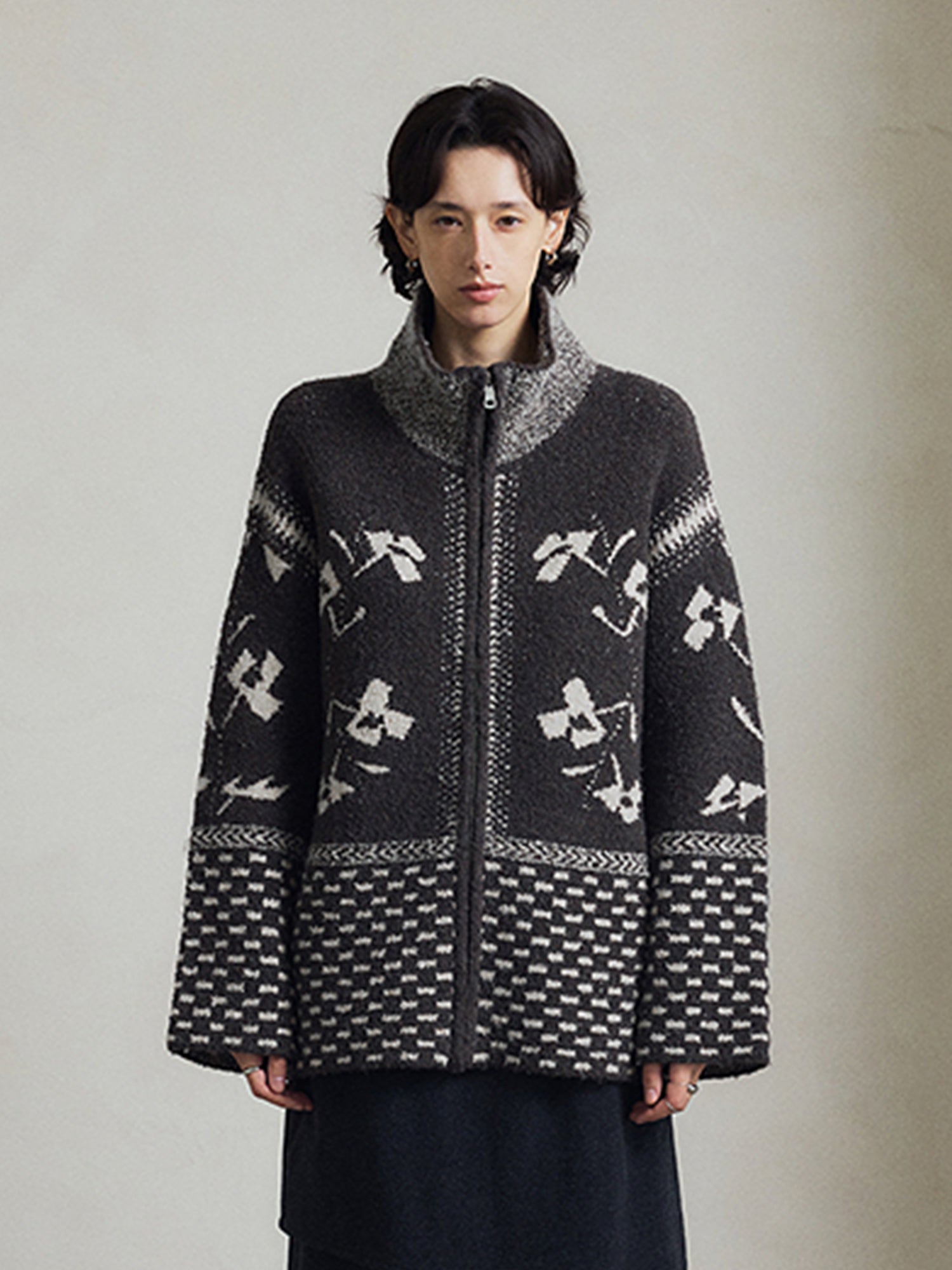 Women’s Wool-Blend Fair Isle Geometric Knit Sweater Jacket – Vintage Stand Collar Fall Winter Cardigan