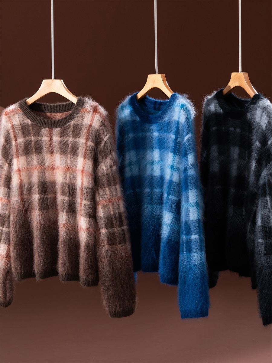 470g Thick Plaid Brushed Cashmere Sweater – Slimming, Wide-Fit Cozy Knit Top