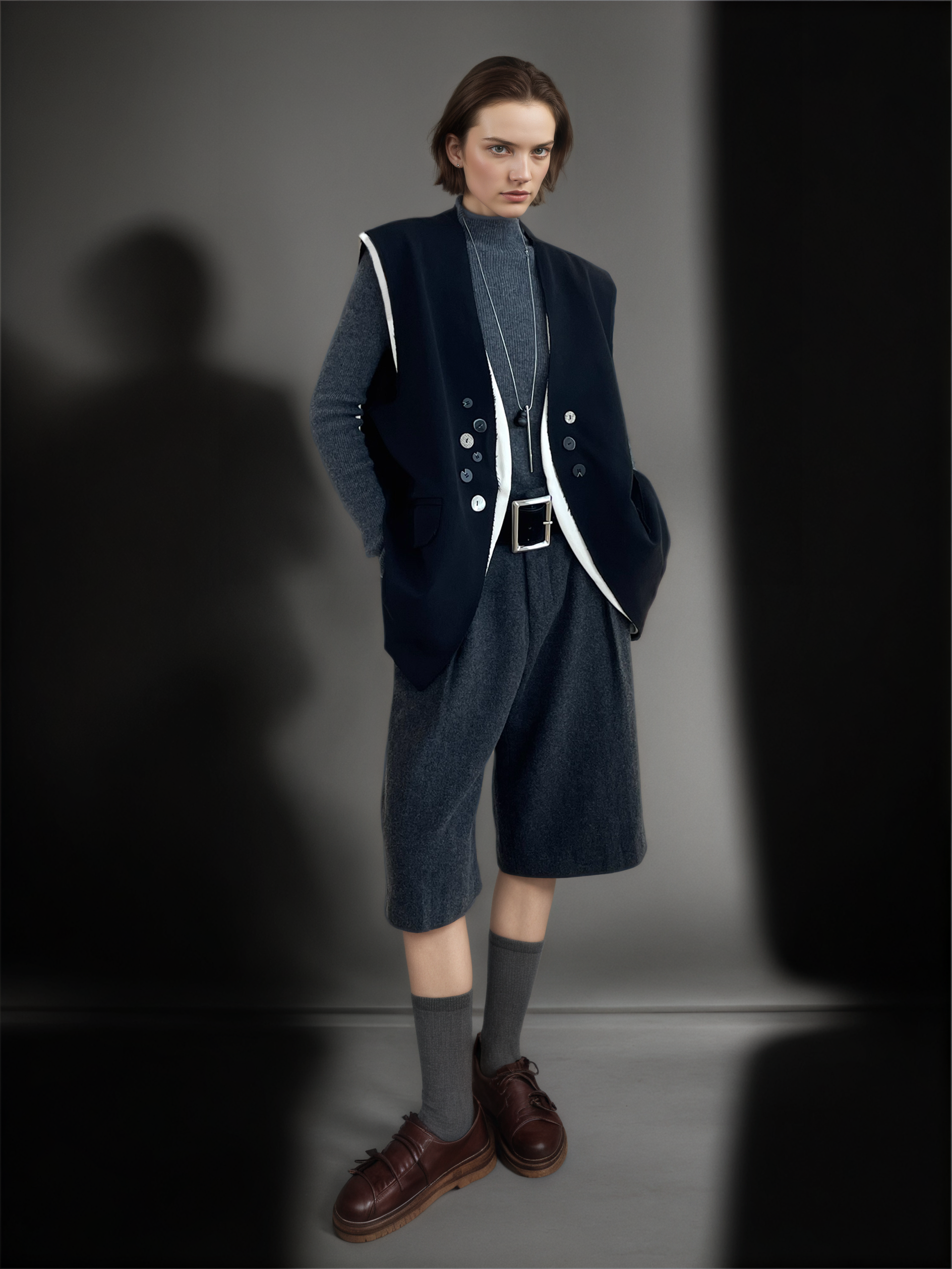 Two-Piece Style Blazer Vest for Women | Contrast Stitching Multi-Button Sleeveless Waistcoat