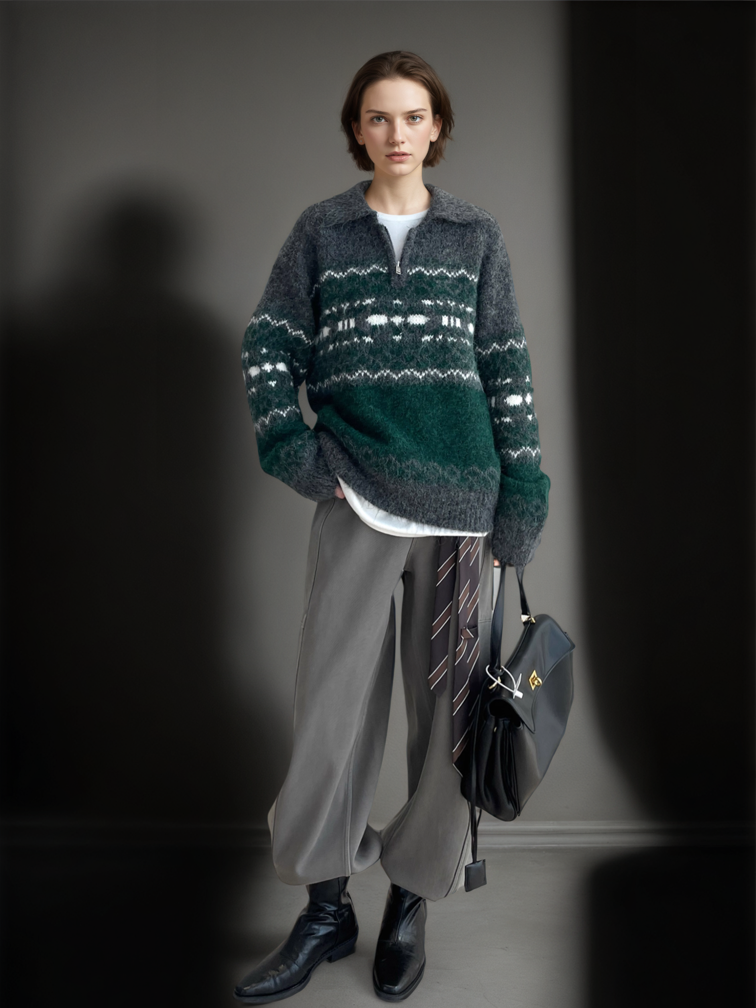 Women’s Gray-Green Fair Isle Wool Blend Sweater | Vintage Thick Knit Pullover for Fall