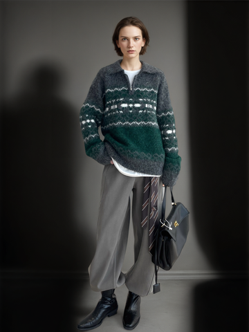 Women’s Gray-Green Fair Isle Wool Blend Sweater | Vintage Thick Knit Pullover for Fall