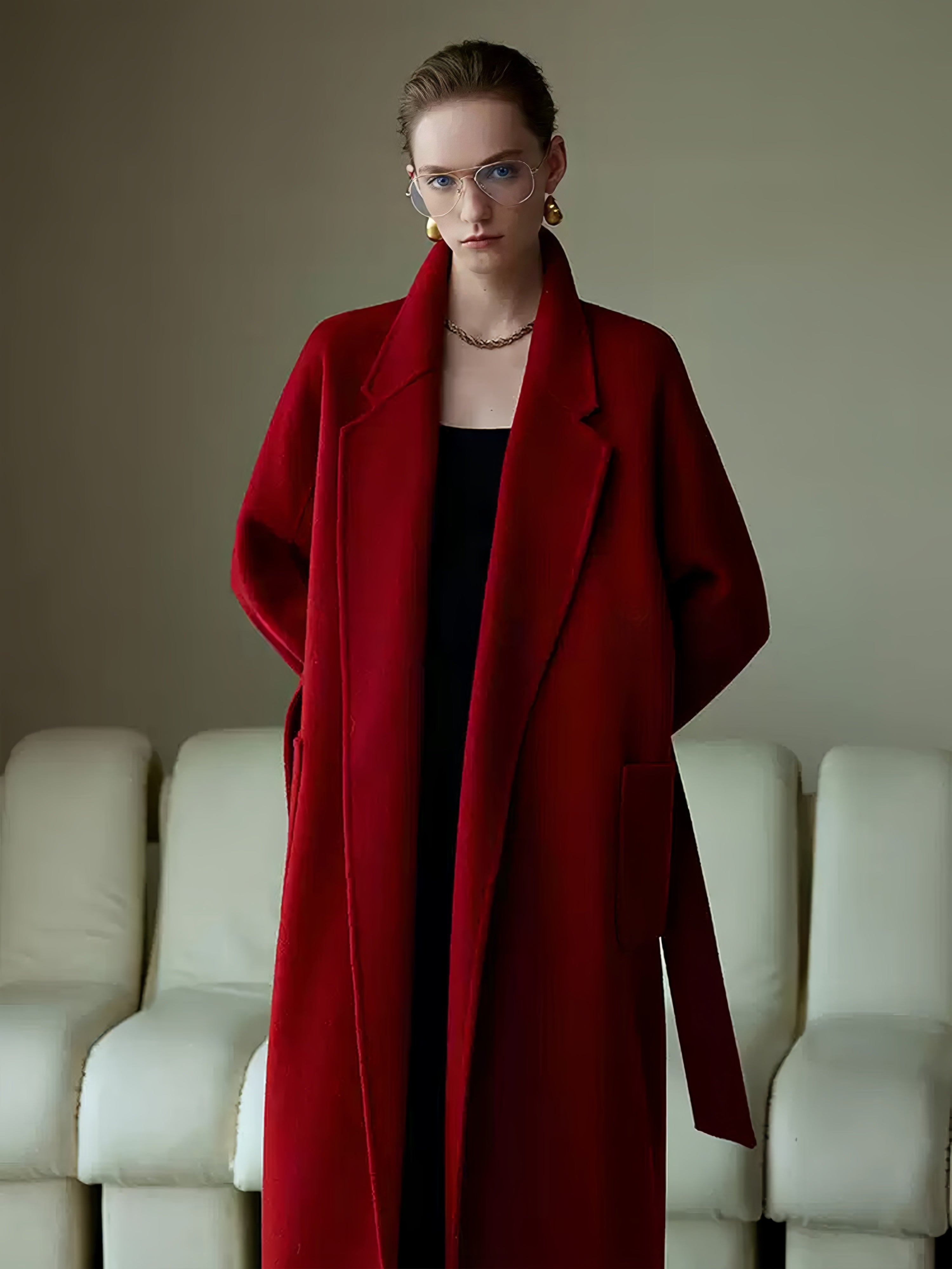 High-End Vintage Christmas Burgundy Double-Faced Wool Coat for Women | Loose Casual Elegant Wool Overcoat