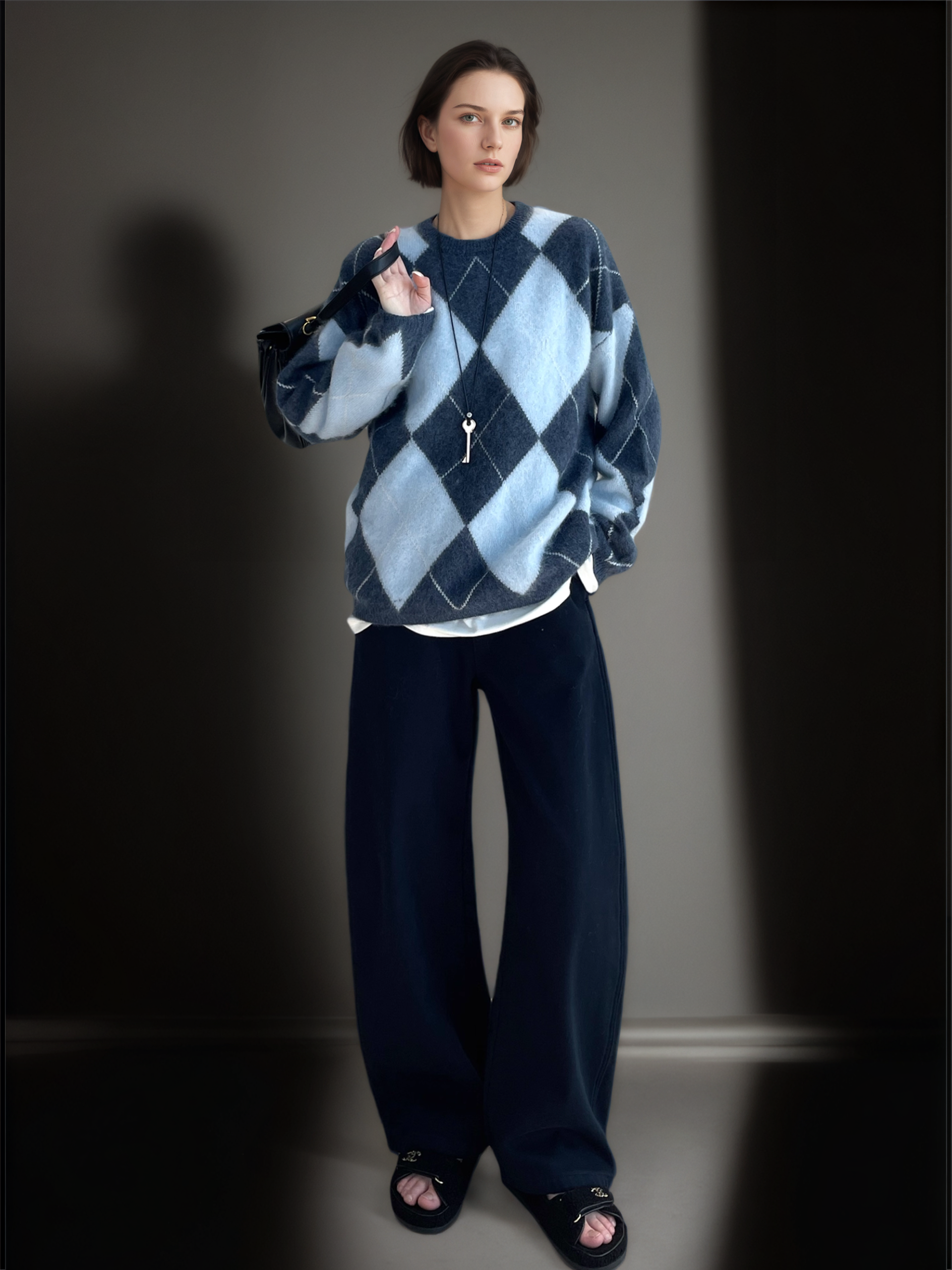 Women’s Wool Cashmere Argyle Knit Sweater | Loose Fit British Style Pullover for Fall Winter