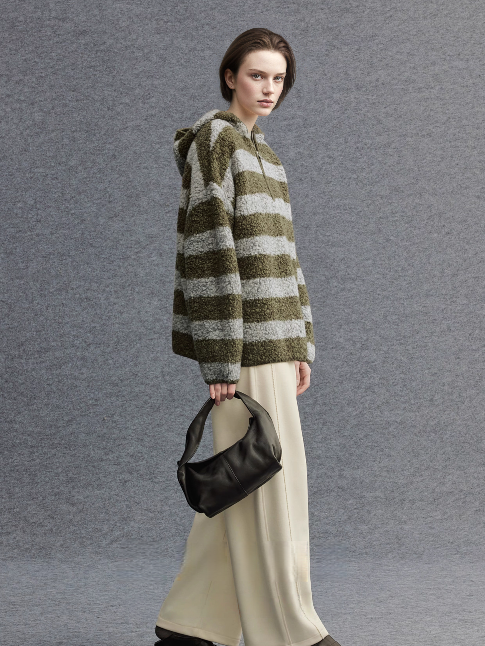 Pure Wool Hooded Striped Sweater for Women | Relaxed Half-Zip Loose-Fit Textured Knit Pullover