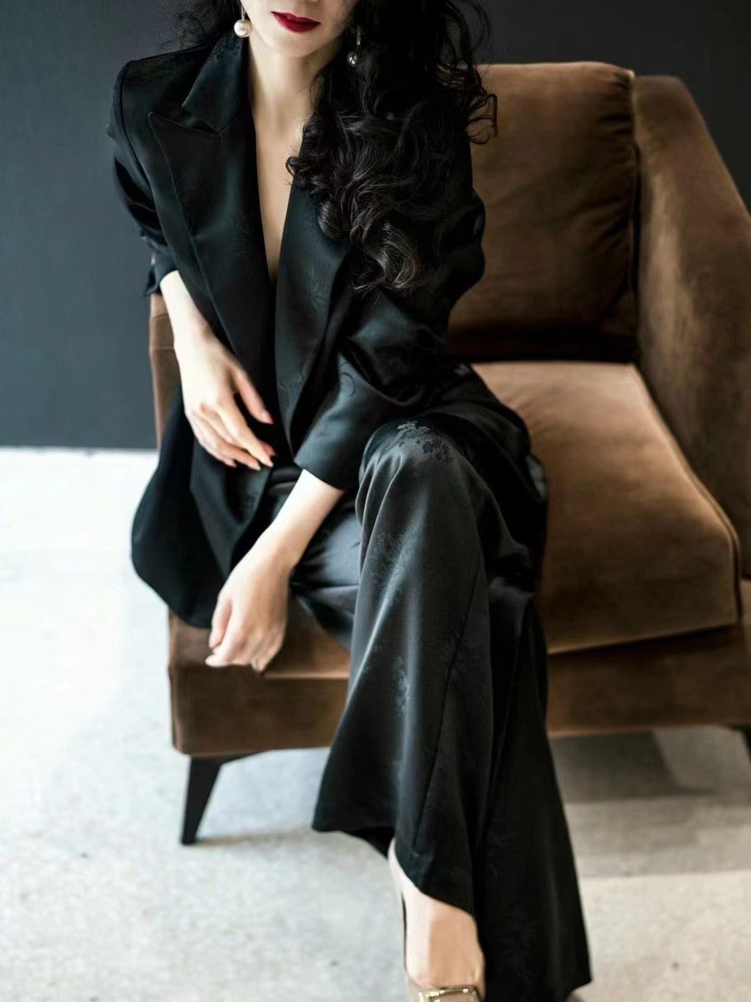 Acetate Fiber Jacquard Loose Suit Jacket + Wide-Leg Pants Old Money Style Two-Piece Set