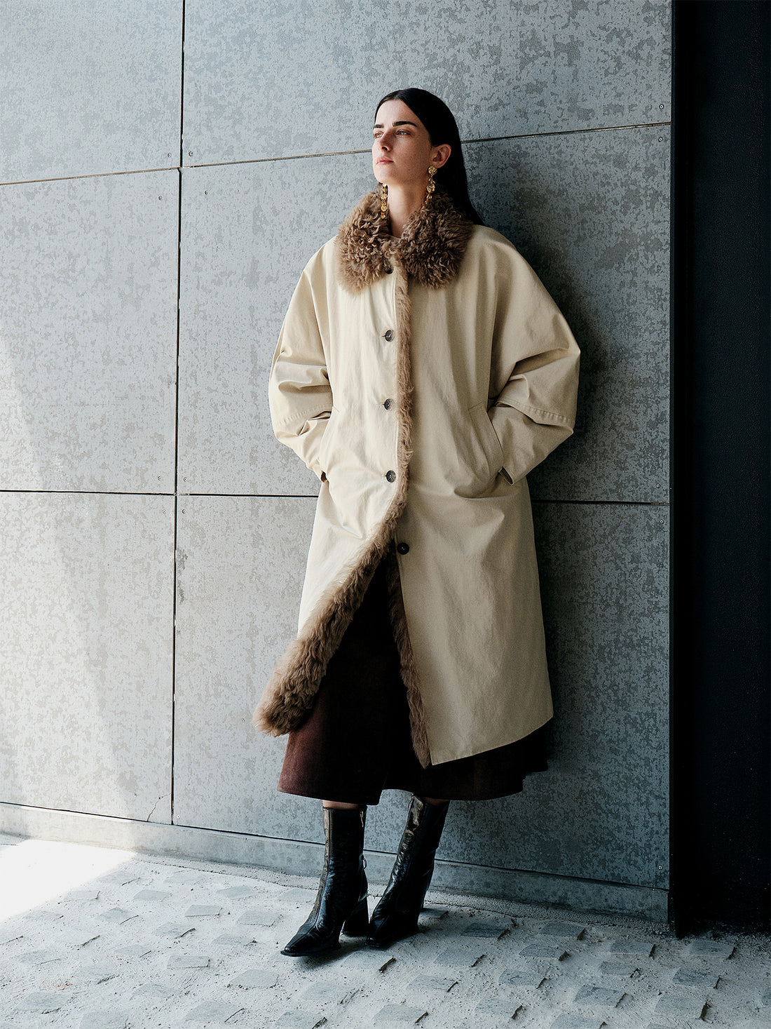 Fluffy Wool-Lined Lapel 90% White Goose Down Long Puffer Coat