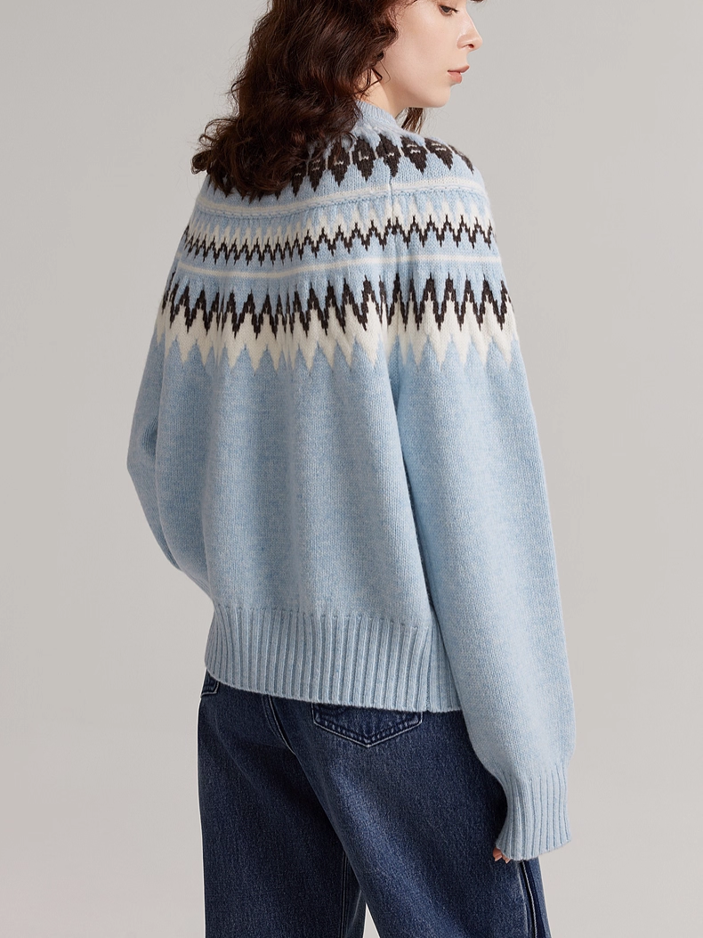 100% Wool Fair Isle Zip-Up Sweater for Women – Winter Knitted Cardigan