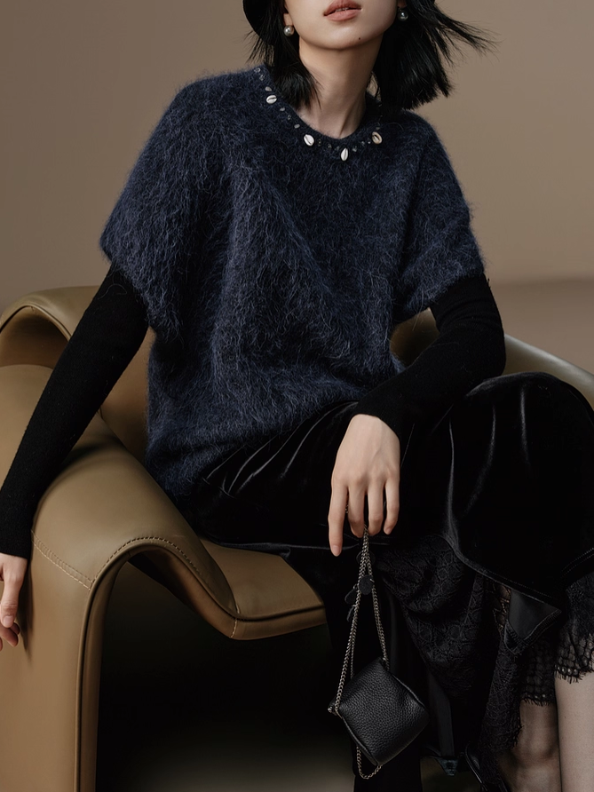 French Romantic Style Stretch Waist Lace-Trim Draped Velvet Long Skirt