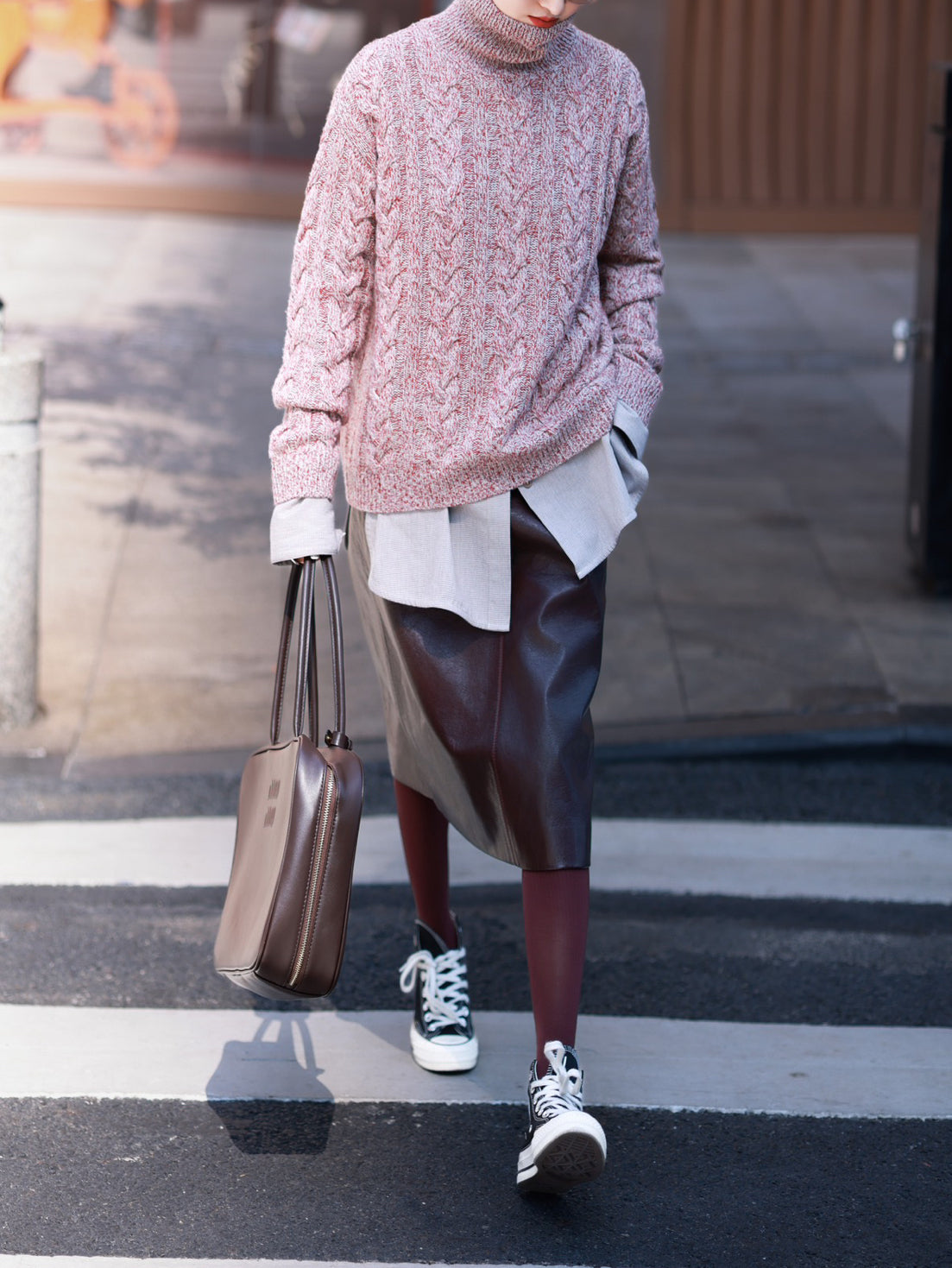 Raspberry Tonal Merino Wool Sweater – Ultra-Soft Melange Knit High-Neck Pullover