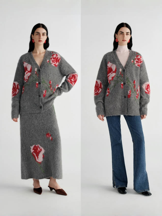 Luxury Alpaca Rose Jacquard Cardigan & Mermaid Skirt – Relaxed Fit (Sold Separately)