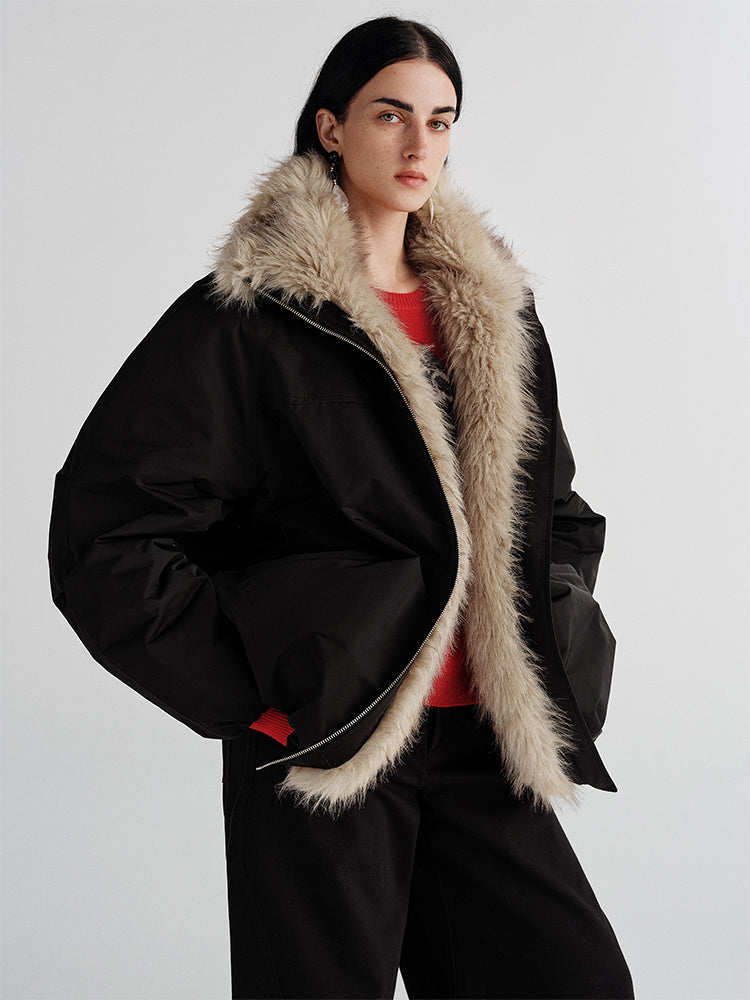 Eco-Friendly Faux Fur Flower Bud Collar Puffer Jacket | Stylish Short-Length & Versatile Women's Outerwear