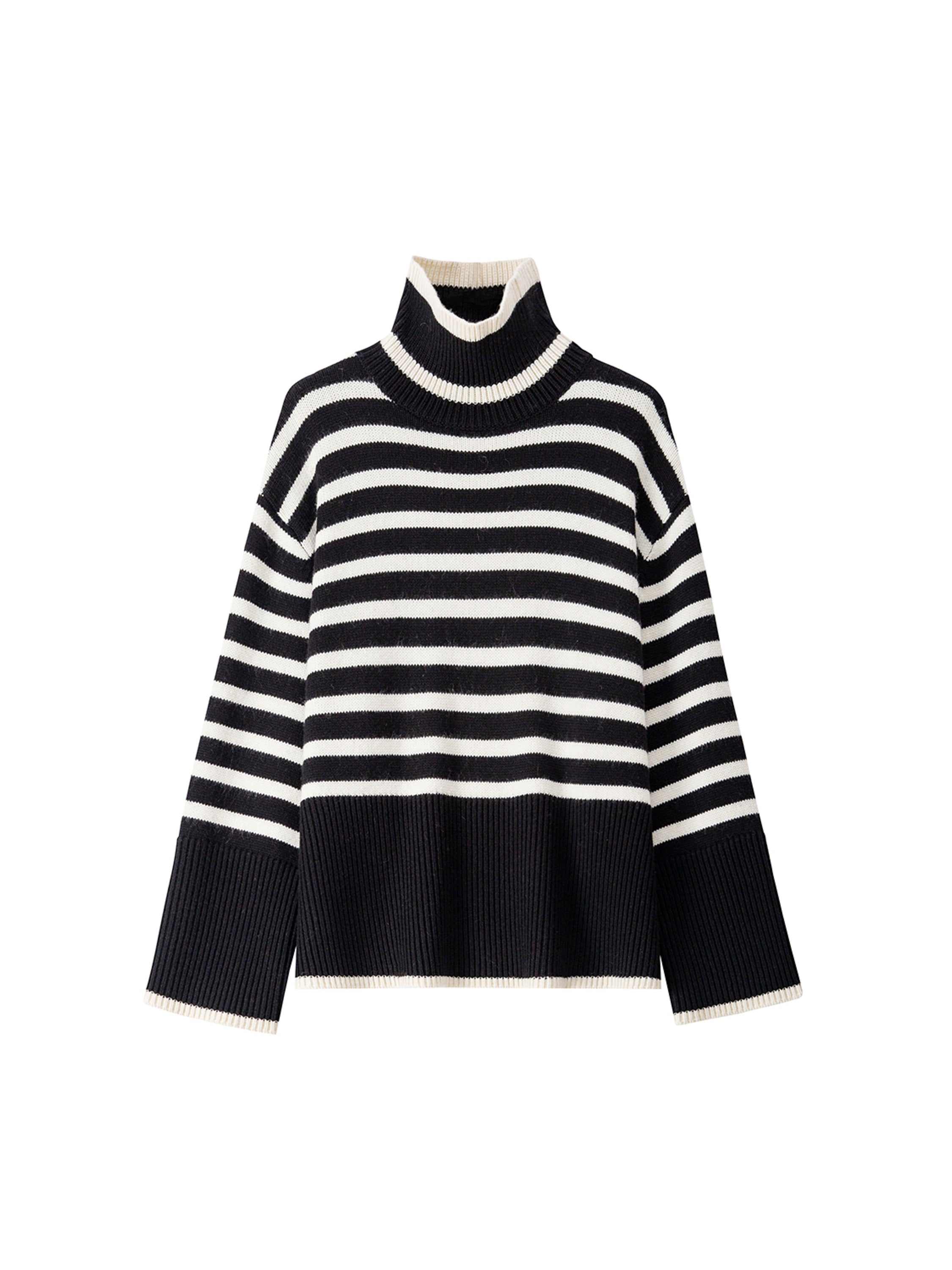 Rhythmic Stripe Wool Turtleneck Sweater – Nordic Relaxed Fit High-Neck Knit for Women