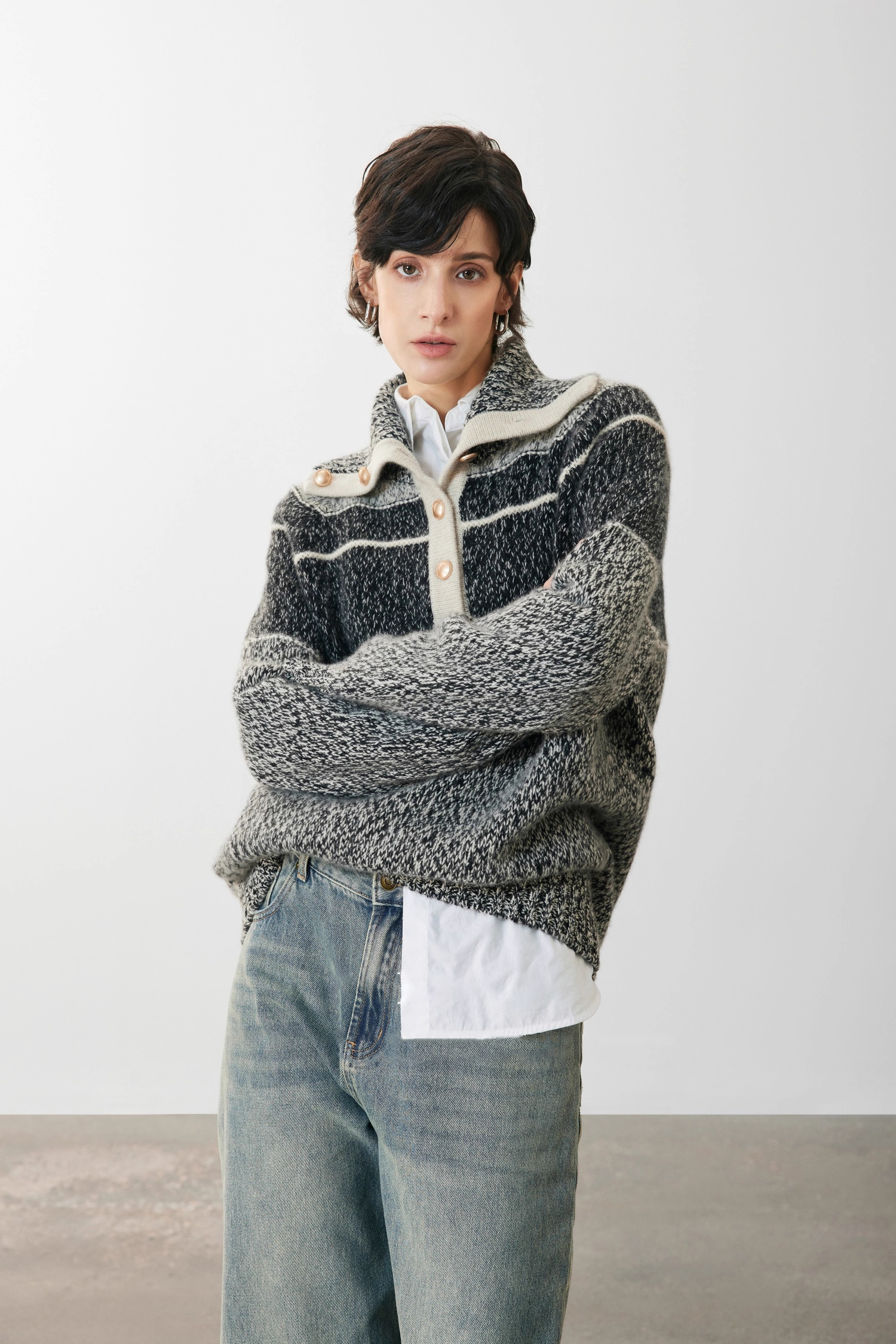 Pure Cashmere French-Style Collar Sweater – Premium Gray Contrast-Color Knit Top