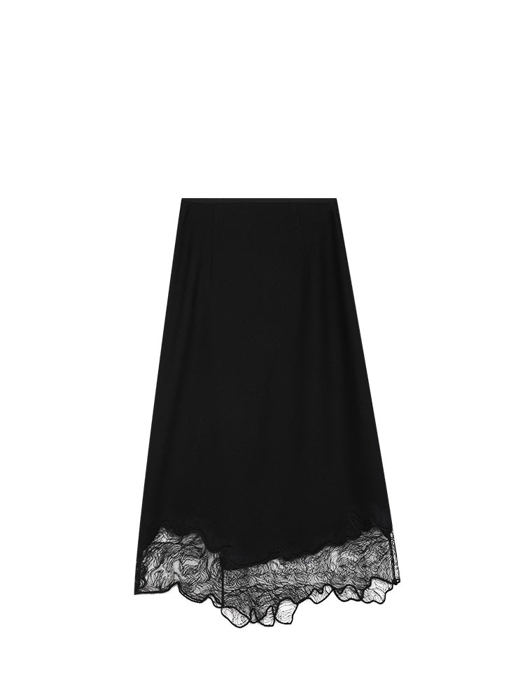 Black Wool Pencil Skirt – Tailored High-End Wool Skirt with Lace Detailing for Commuter Elegance