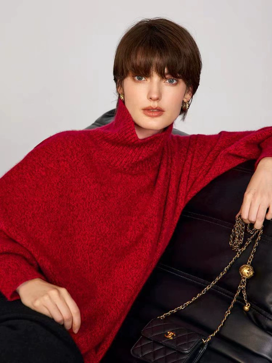 Soft New Year Red 100% Cashmere Sweater for Women – A-Grade Dyed Mélange Yarn, Thickened Turtleneck, Cozy Oversized Knit