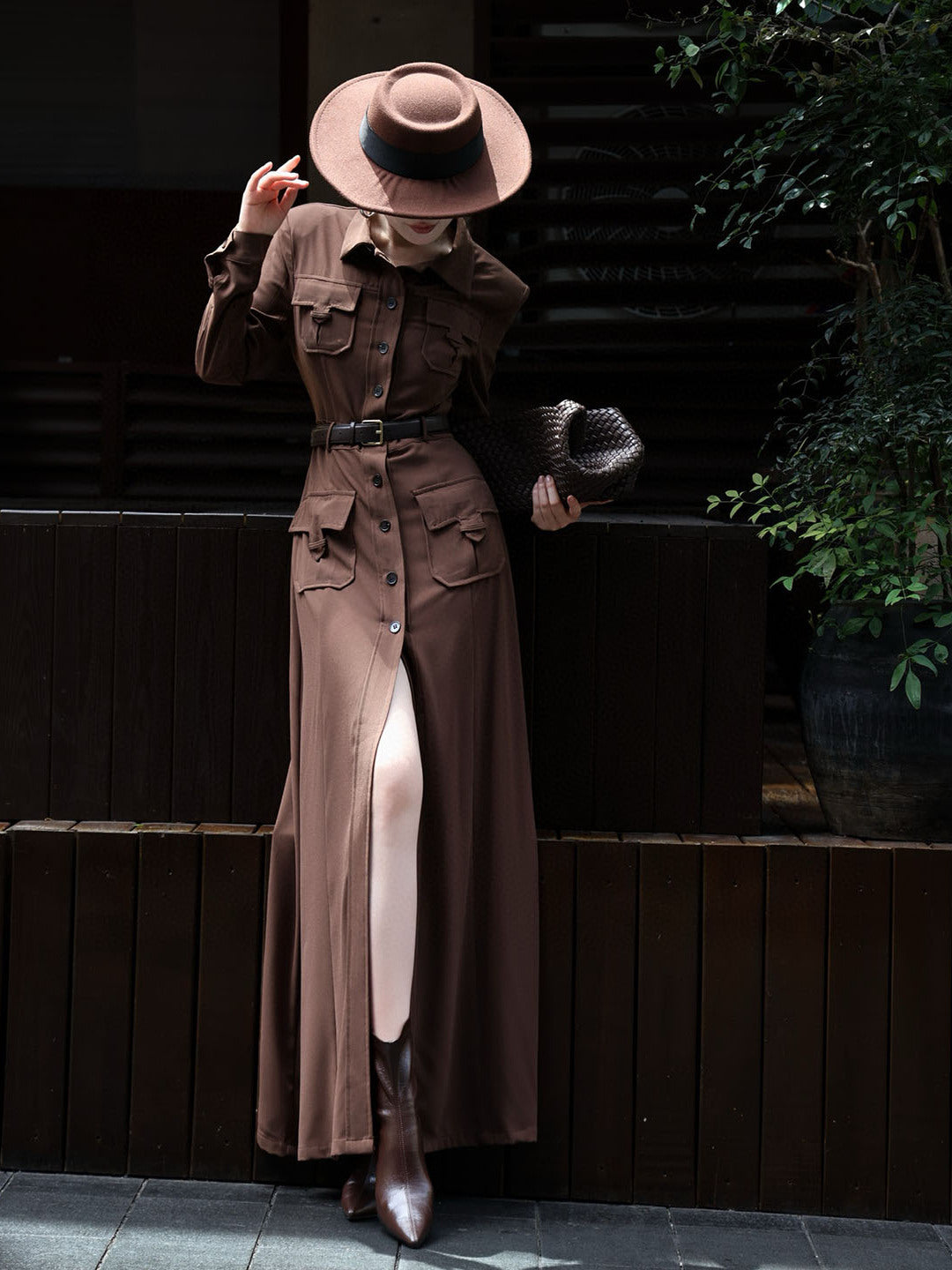 French Style Trench Coat Dress – Button Down Long Sleeve Autumn Casual Midi Dress for Women