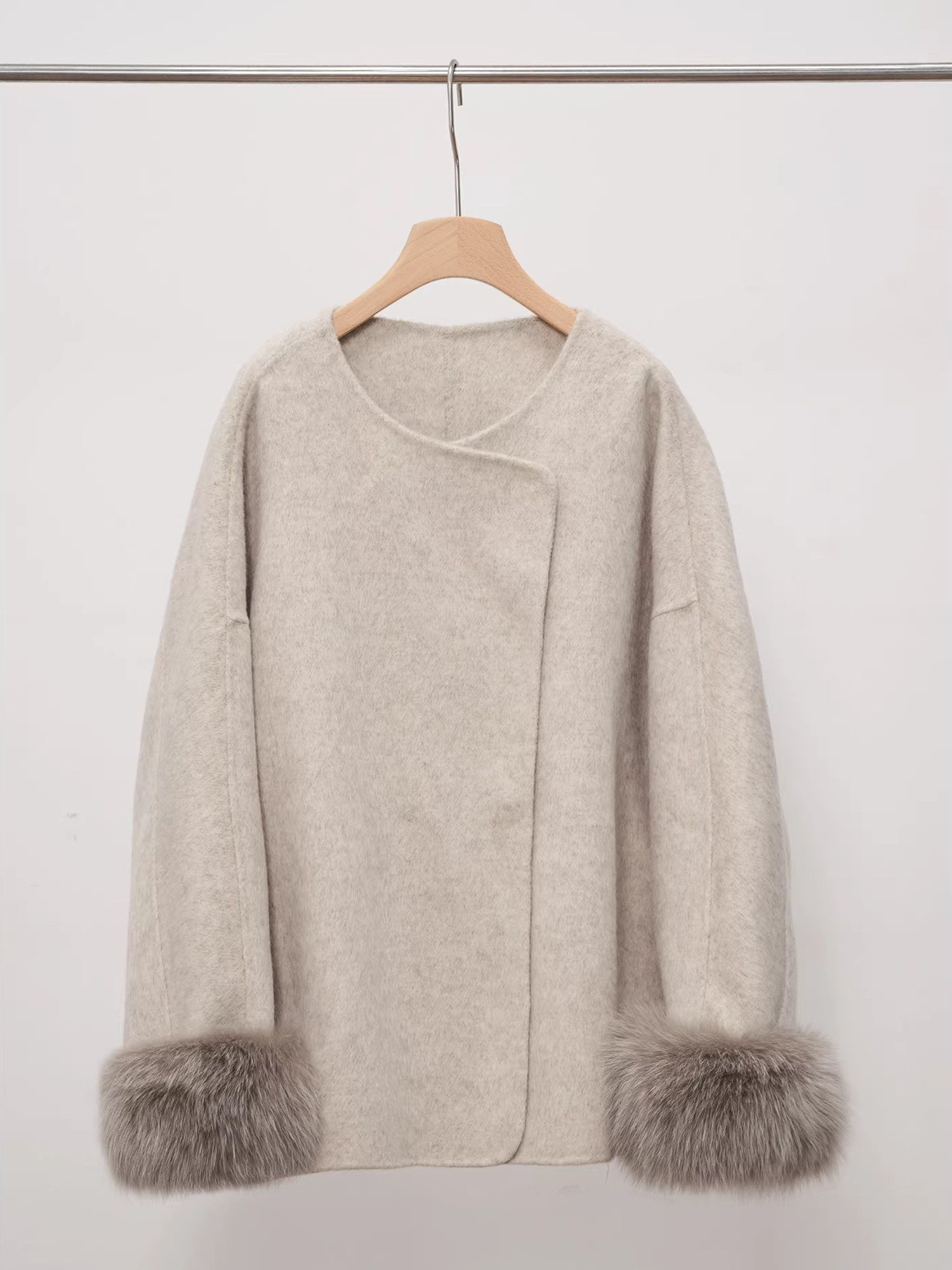 Women’s Short Double-Faced Wool Coat with  Fox Fur Cuffs | Loose Fit Alpaca Blend Jacket