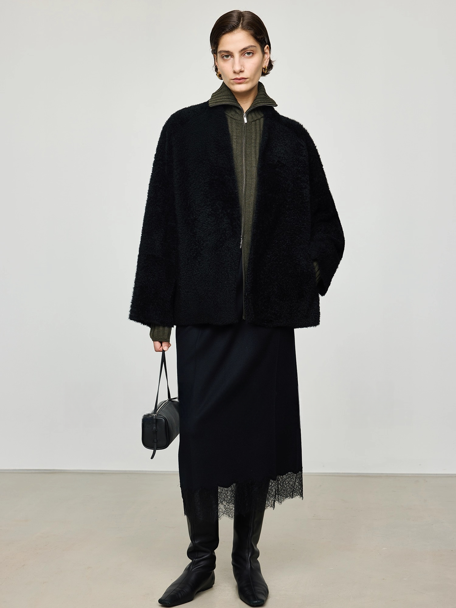 Italian VBC Wool Flannel Skirt for Women | French Lace, Elastic Waist, Straight Midi Skirt